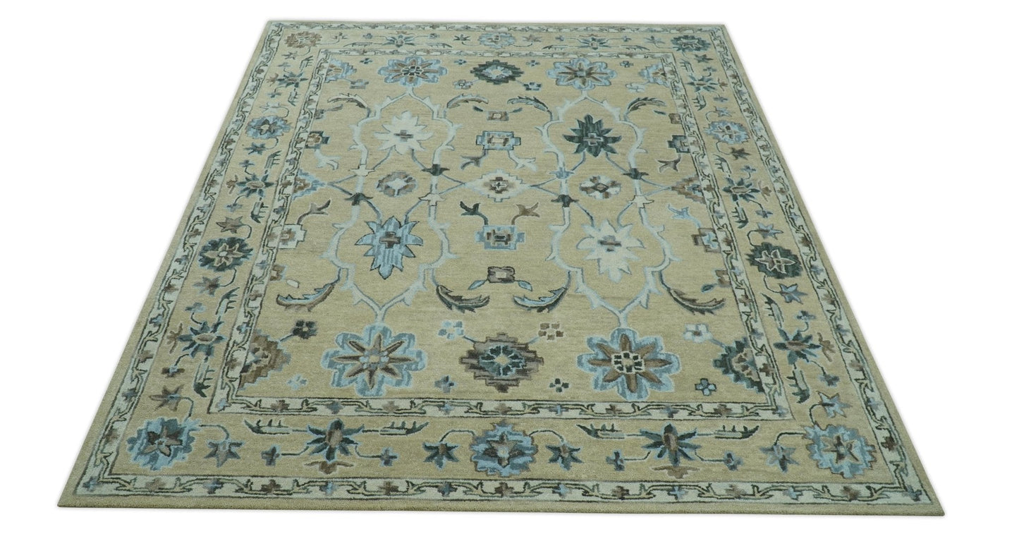 8x10 Beige, Ivory and Blue Hand Tufted Floral Oriental Oushak wool area rug