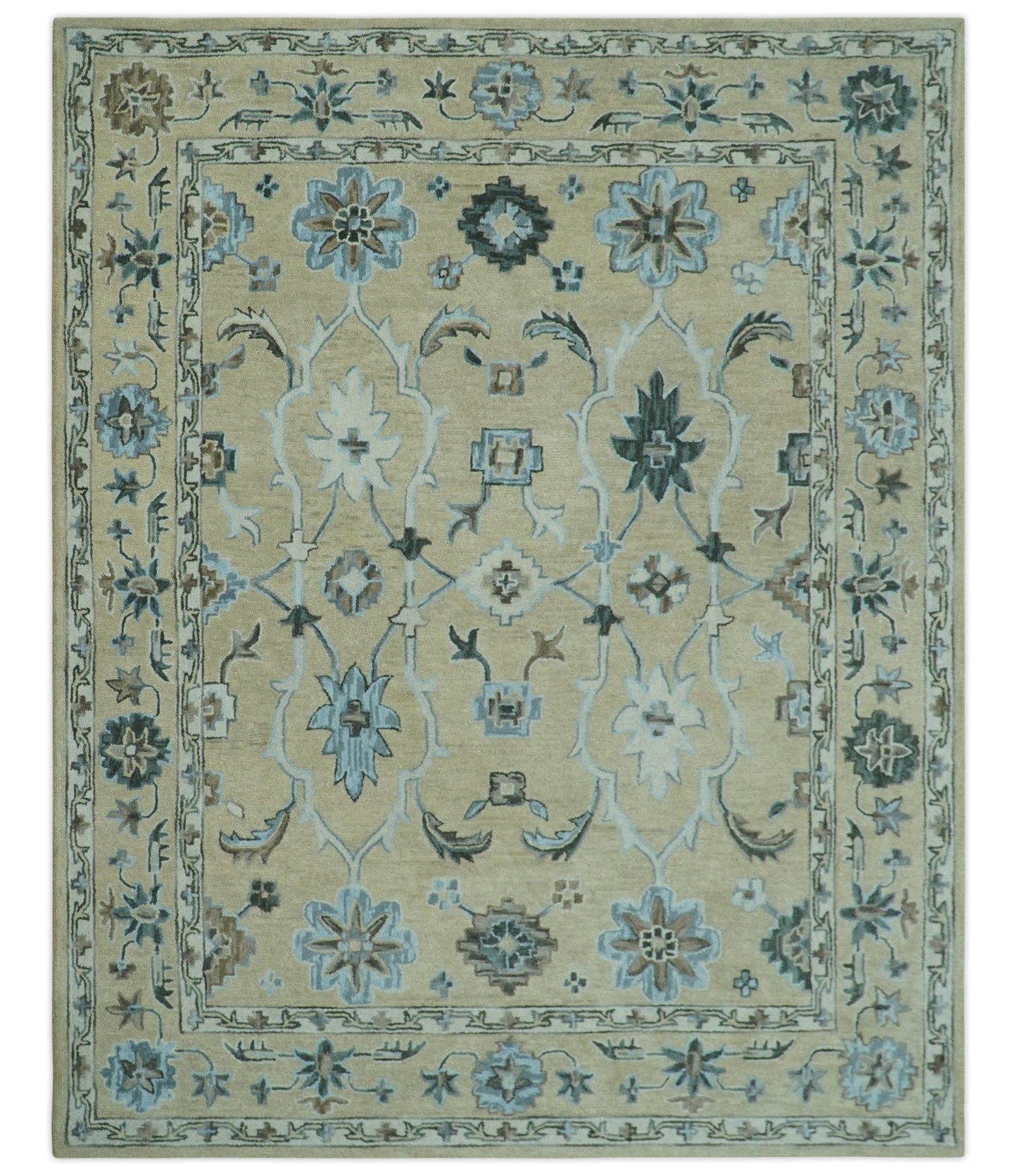 8x10 Beige, Ivory and Blue Hand Tufted Floral Oriental Oushak wool area rug