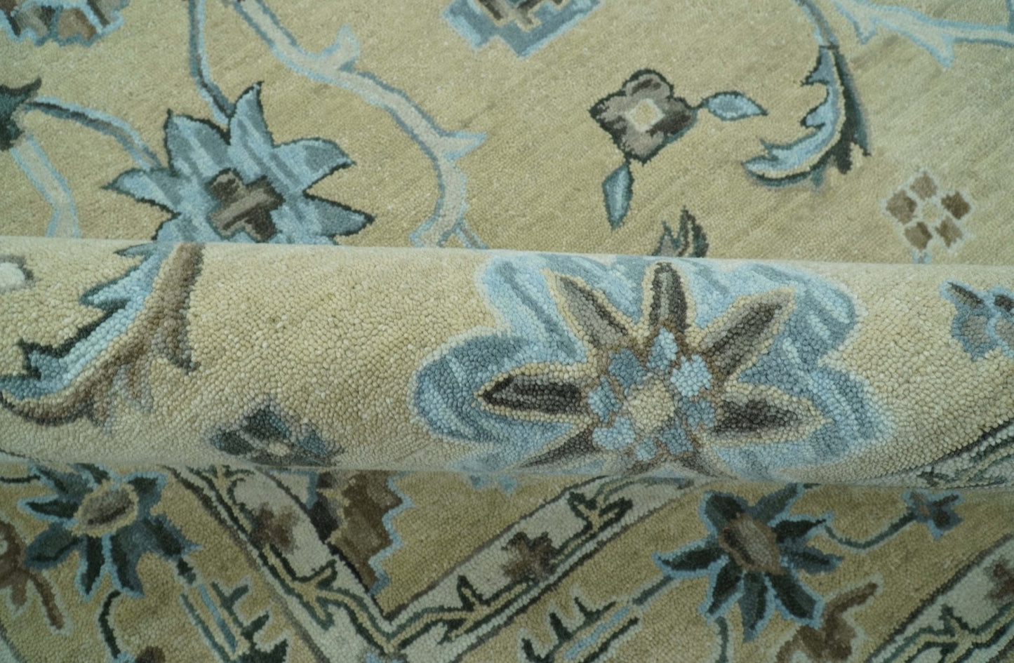 8x10 Beige, Ivory and Blue Hand Tufted Floral Oriental Oushak wool area rug