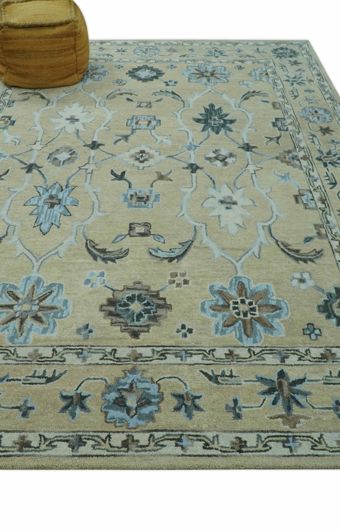 8x10 Beige, Ivory and Blue Hand Tufted Floral Oriental Oushak wool area rug