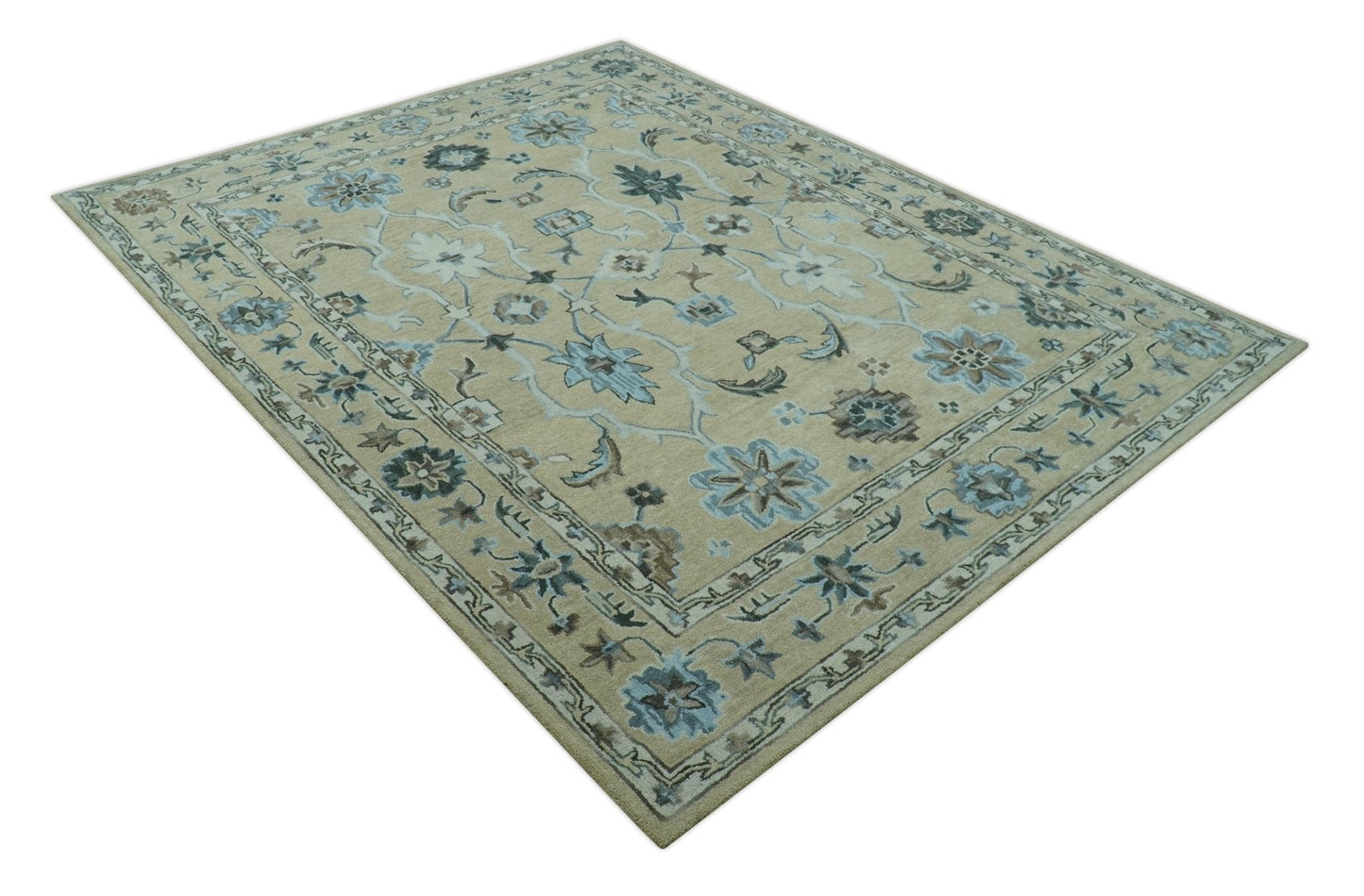 8x10 Beige, Ivory and Blue Hand Tufted Floral Oriental Oushak wool area rug