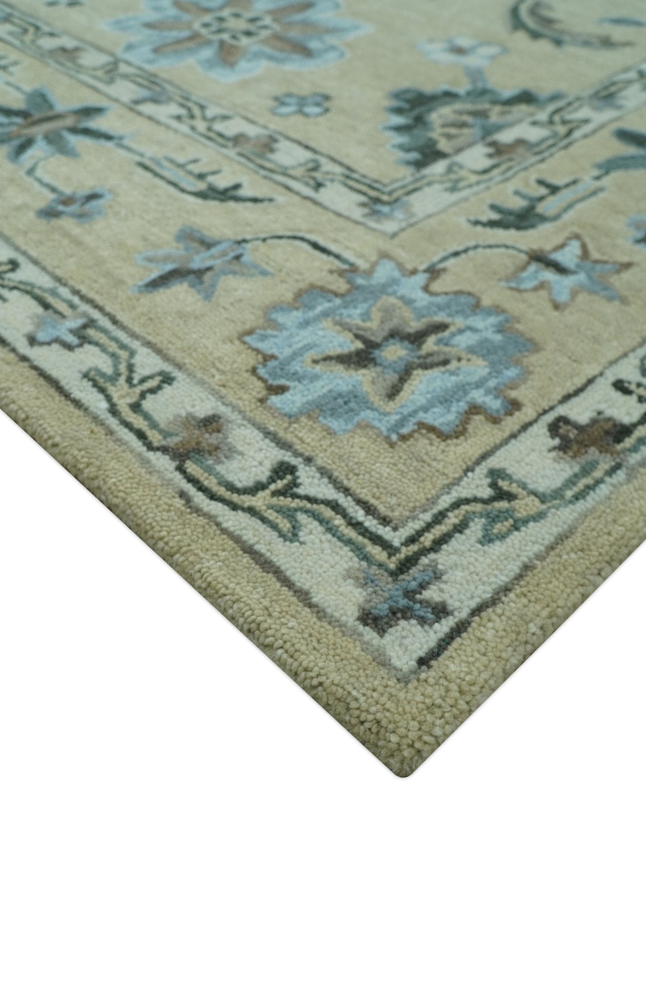 8x10 Beige, Ivory and Blue Hand Tufted Floral Oriental Oushak wool area rug