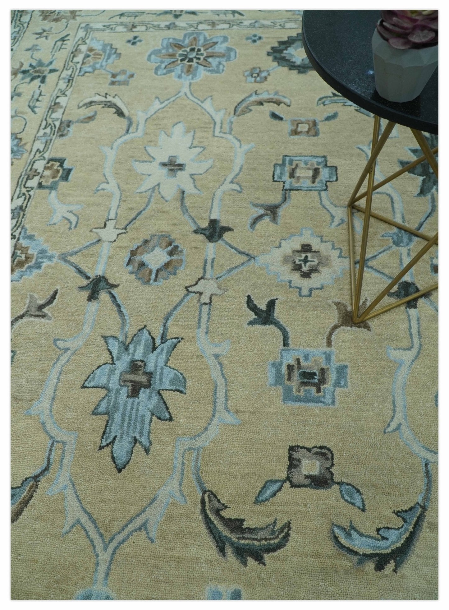8x10 Beige, Ivory and Blue Hand Tufted Floral Oriental Oushak wool area rug