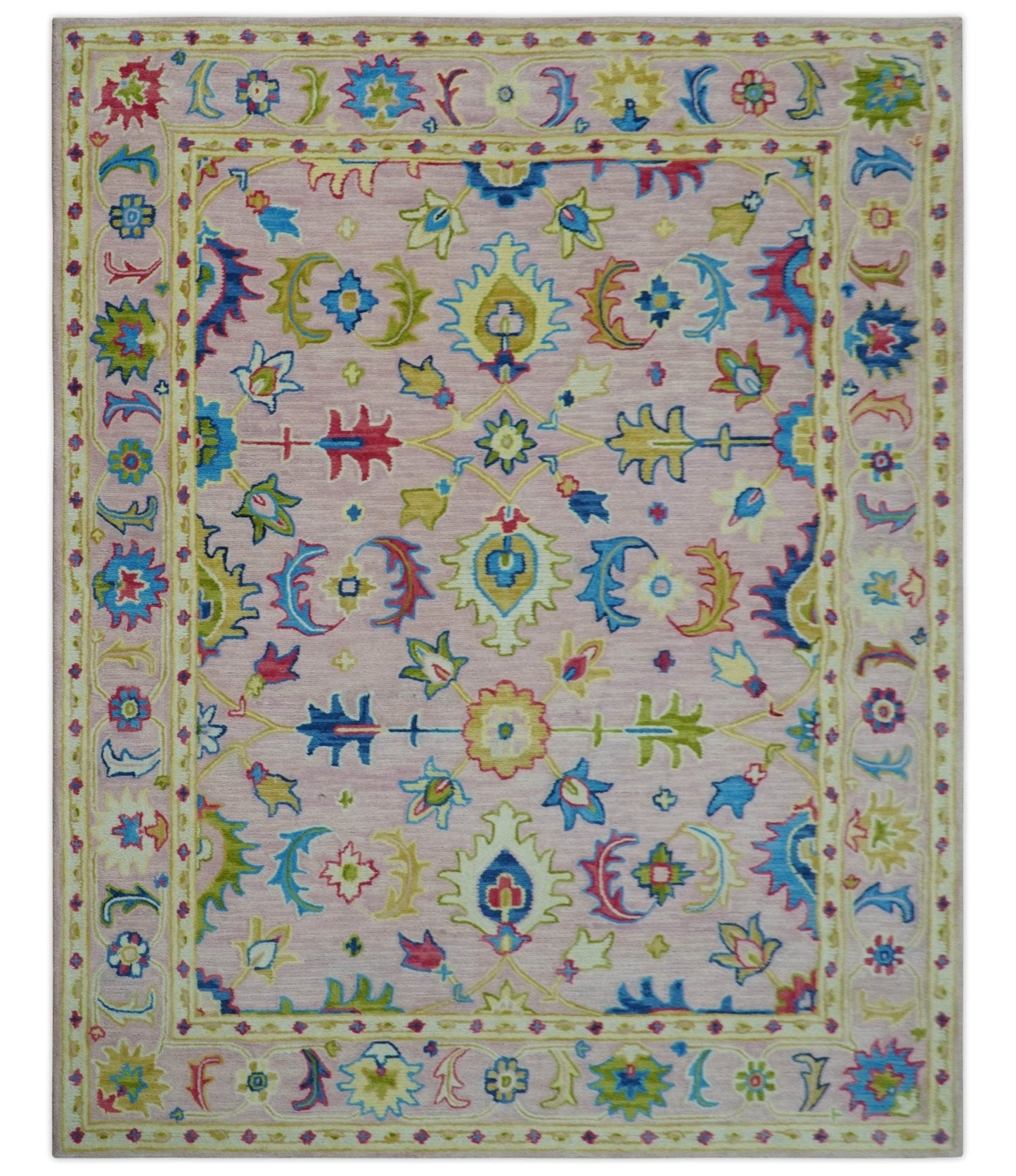 8x10 Vibrant Colorful Pink, Olive and Blue Oriental Oushak Hand Tufted area rug