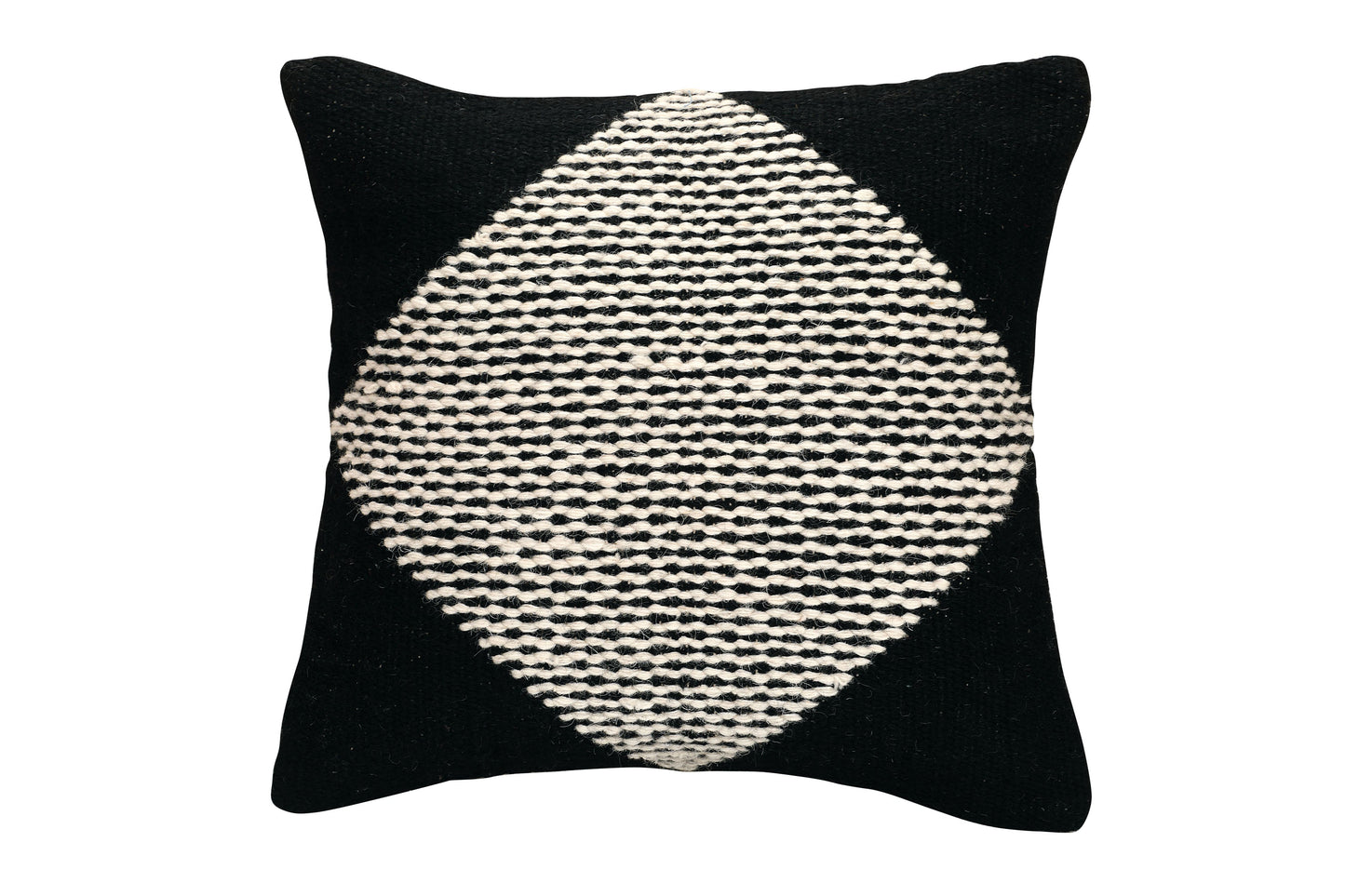 Black pillow with a white geometric pattern on a white background