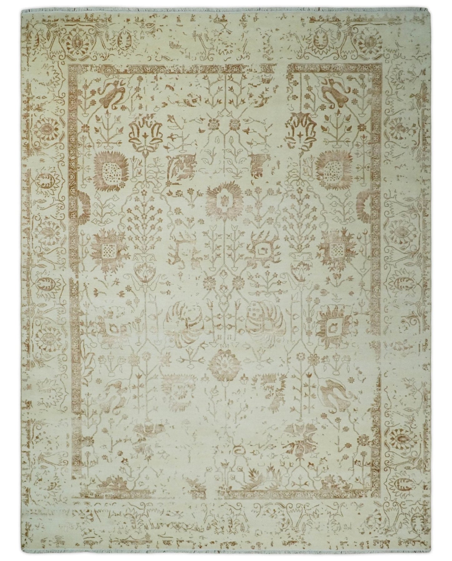 9x12 Fine Hand Knotted Beige and Brown Traditional Vintage Persian Style Antique Wool and Silk Rug | AGR46
