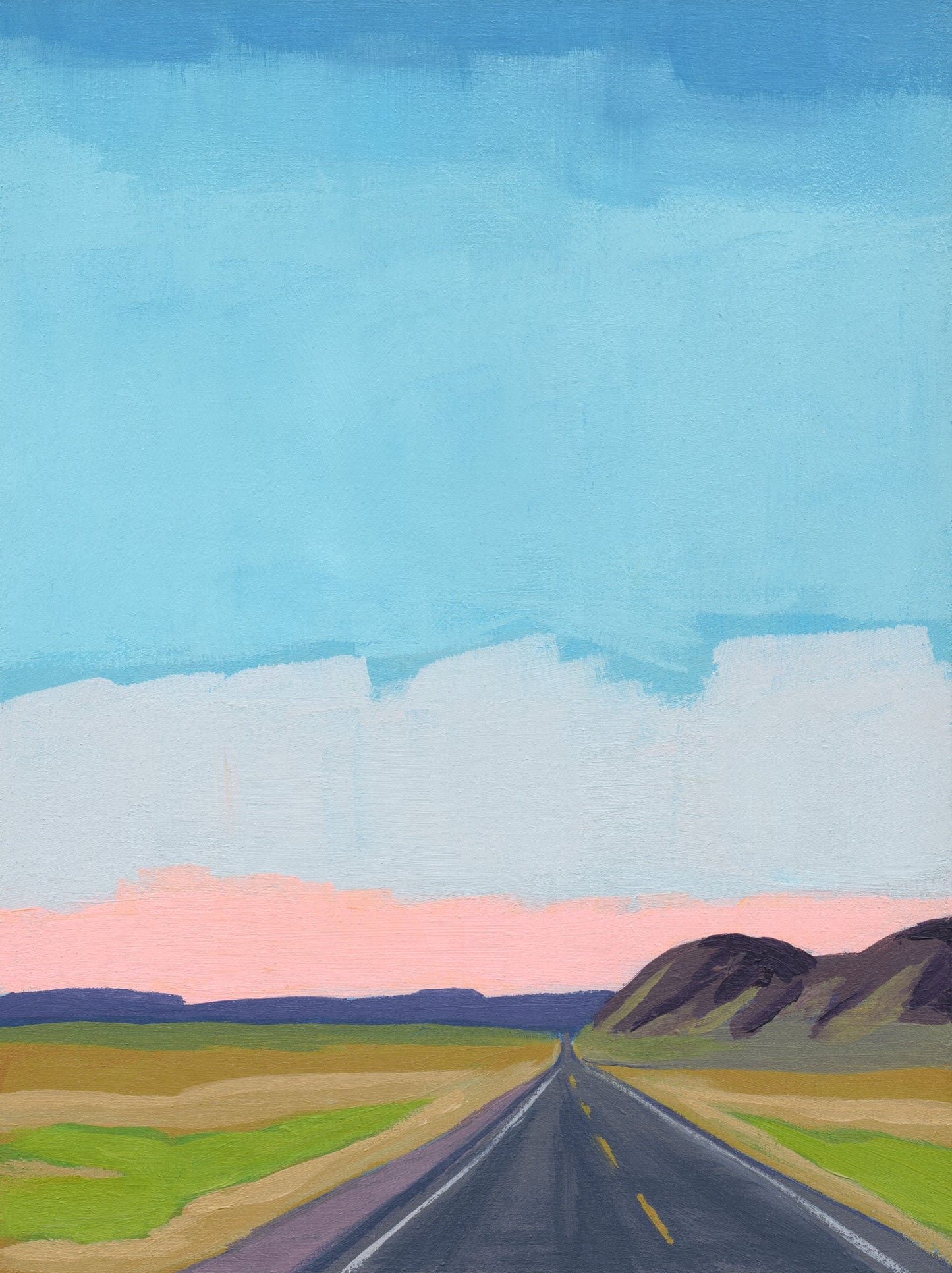 Painting of a road leading to mountains with a blue sky and pink clouds.
