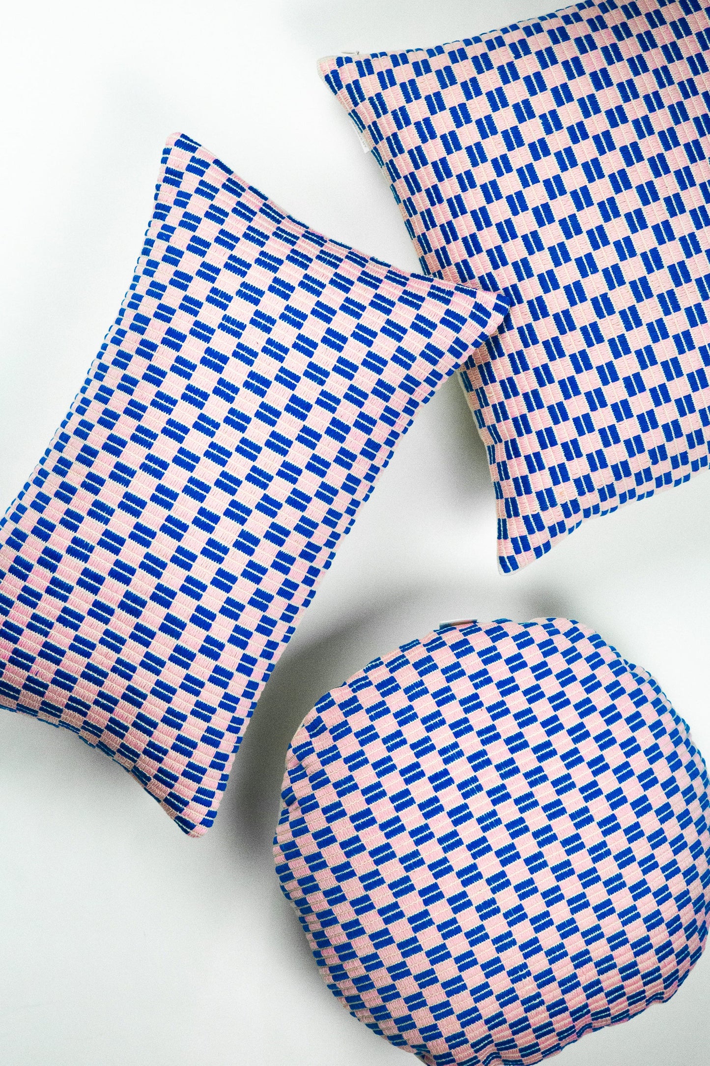 Checkered Brocade Pillow - Pink & Blue - Square