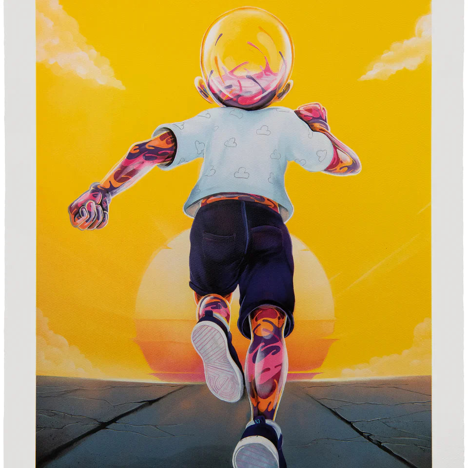 Colorful illustration of a child in an astronaut suit against a yellow sky with clouds.
