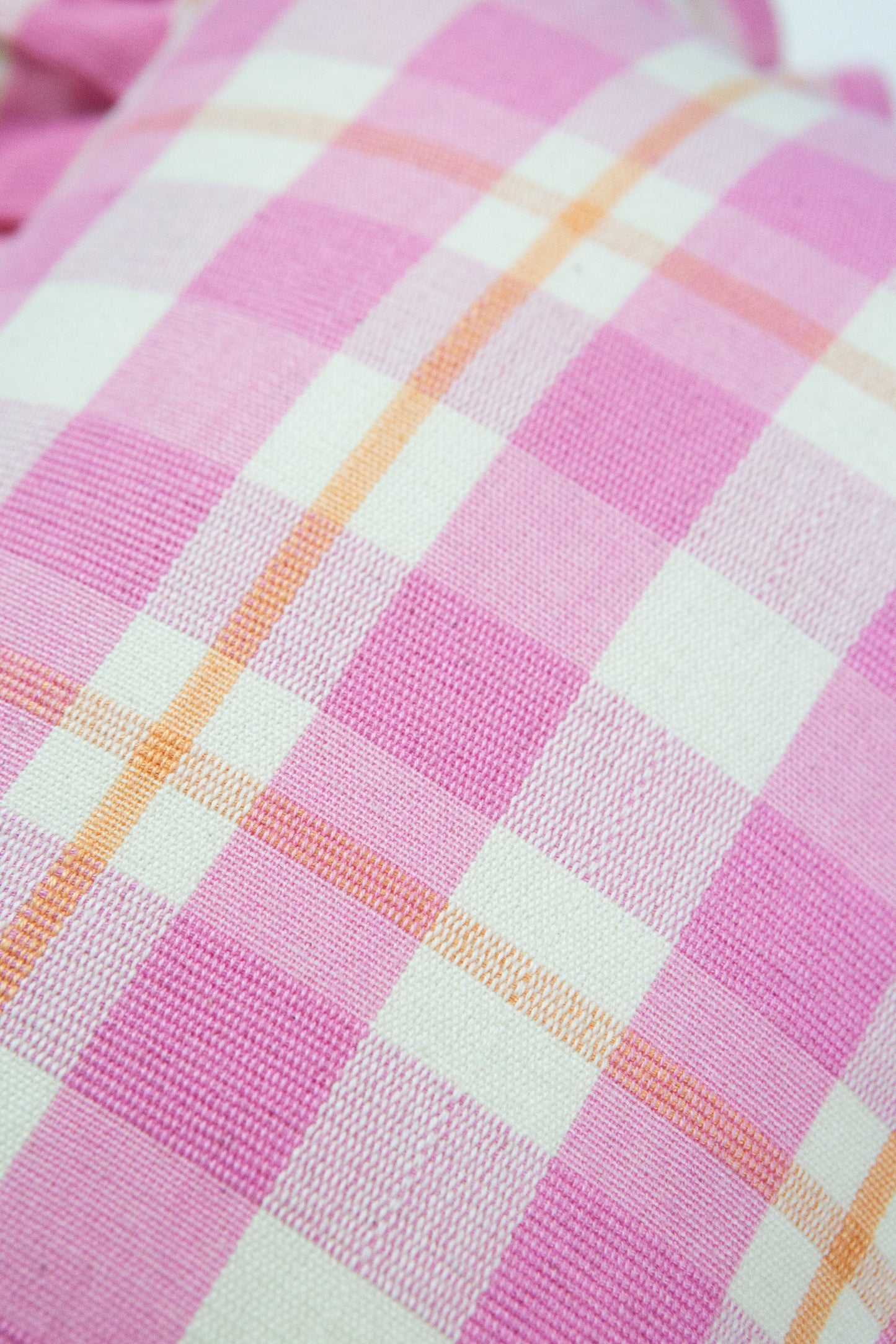 Abigail Plaid Square Pillow in Bubblegum and Peach