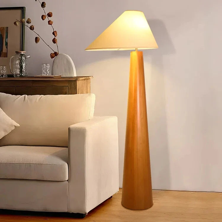 Nogy Sora Floor Lamp - Cone Wood Style with Linen Shade – Minimalist Warm Ambient Lighting