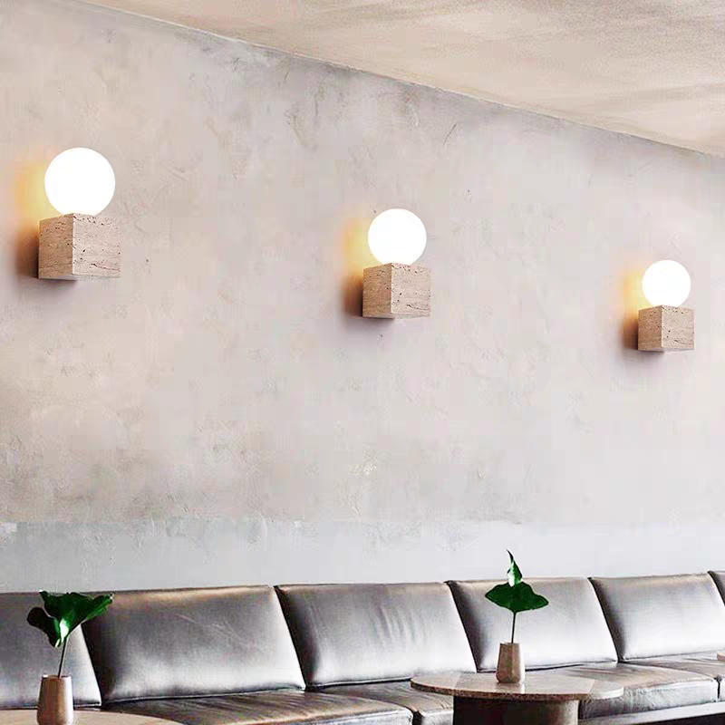 Nogy Modern Minimalist Round Ball Square Stone Glass 1-Light Wall Sconce Lamp