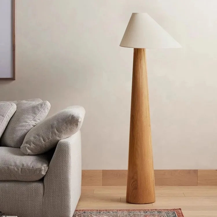 Nogy Sora Floor Lamp - Cone Wood Style with Linen Shade – Minimalist Warm Ambient Lighting