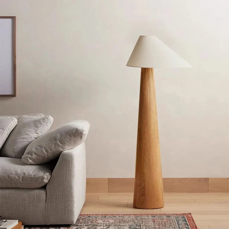 Nogy Sora Floor Lamp - Cone Wood Style with Linen Shade – Minimalist Warm Ambient Lighting
