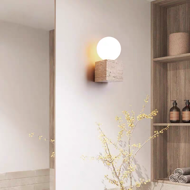Nogy Modern Minimalist Round Ball Square Stone Glass 1-Light Wall Sconce Lamp