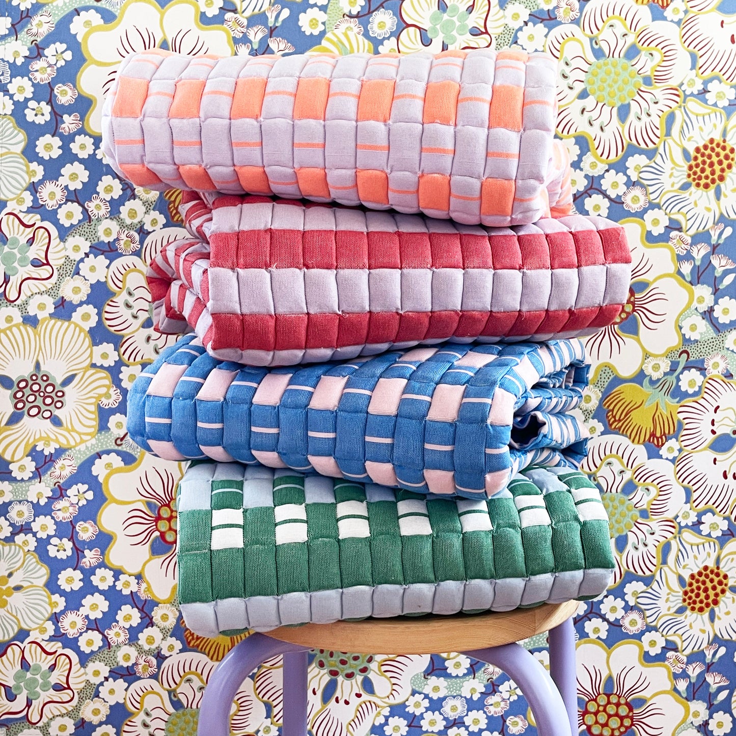 Quilted Sujani Throw Blanket - Soft Blue, White and Green