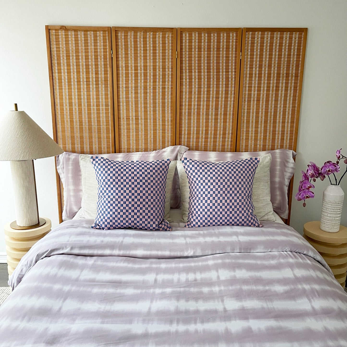 Checkered Brocade Pillow - Pink & Blue - Square