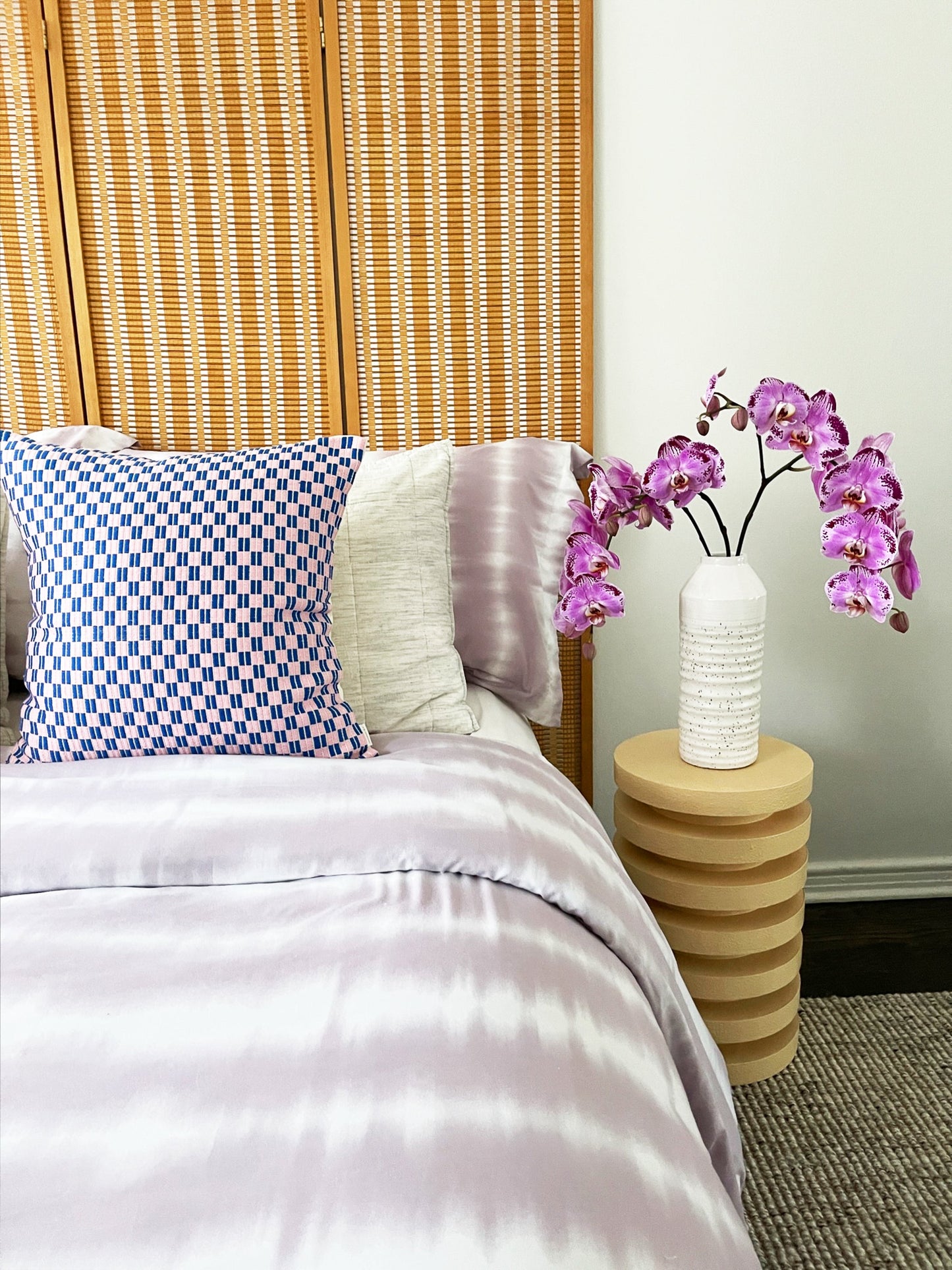Checkered Brocade Pillow - Pink & Blue - Square