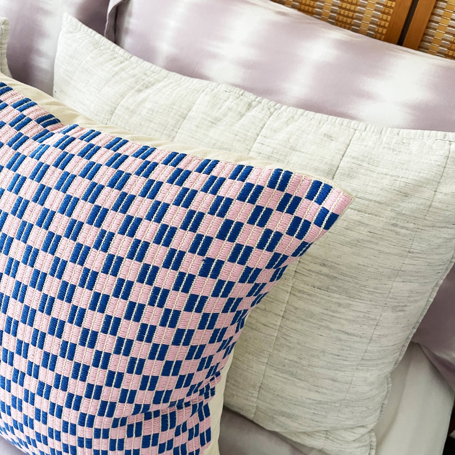 Checkered Brocade Pillow - Pink & Blue - Square