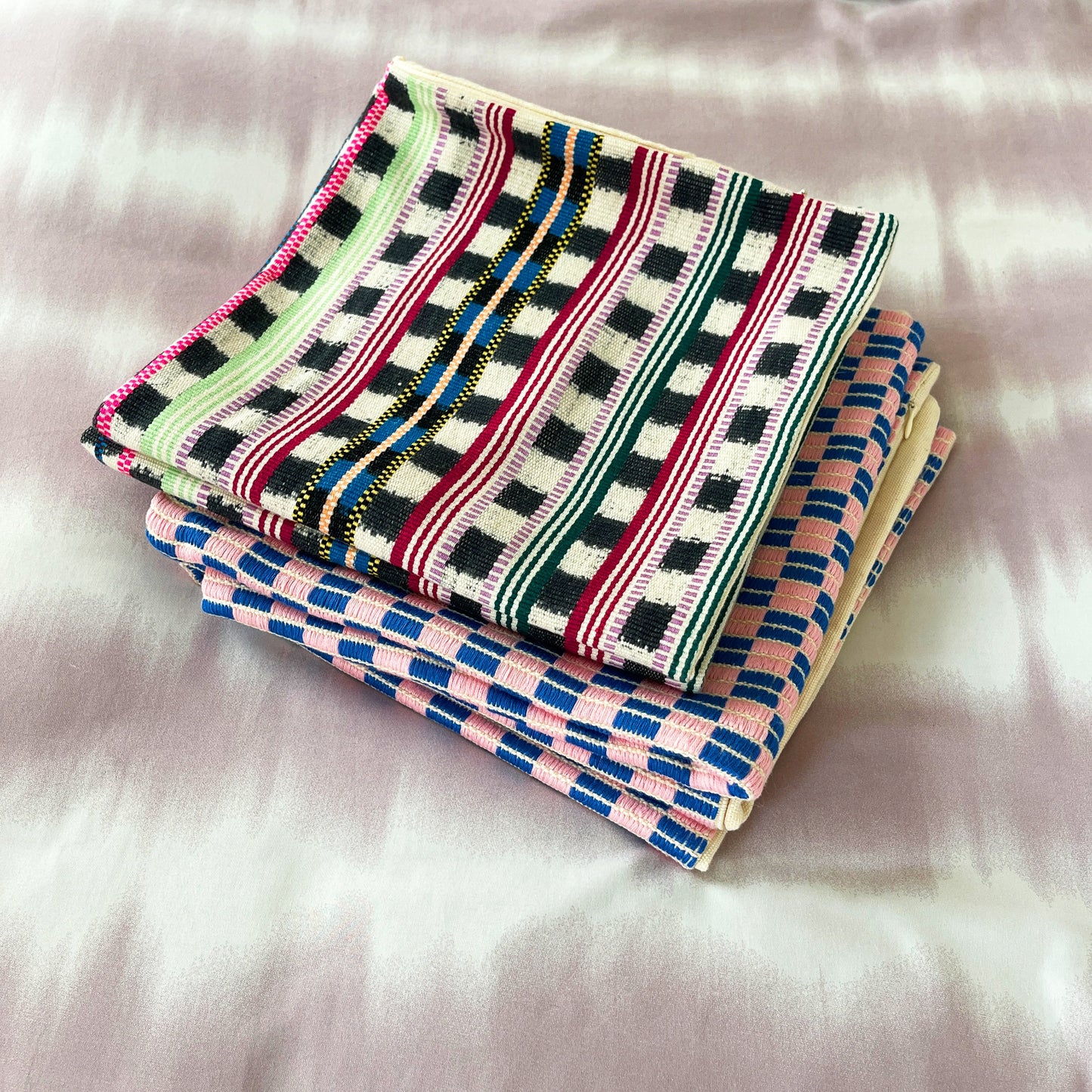 Checkered Brocade Pillow - Pink & Blue - Square
