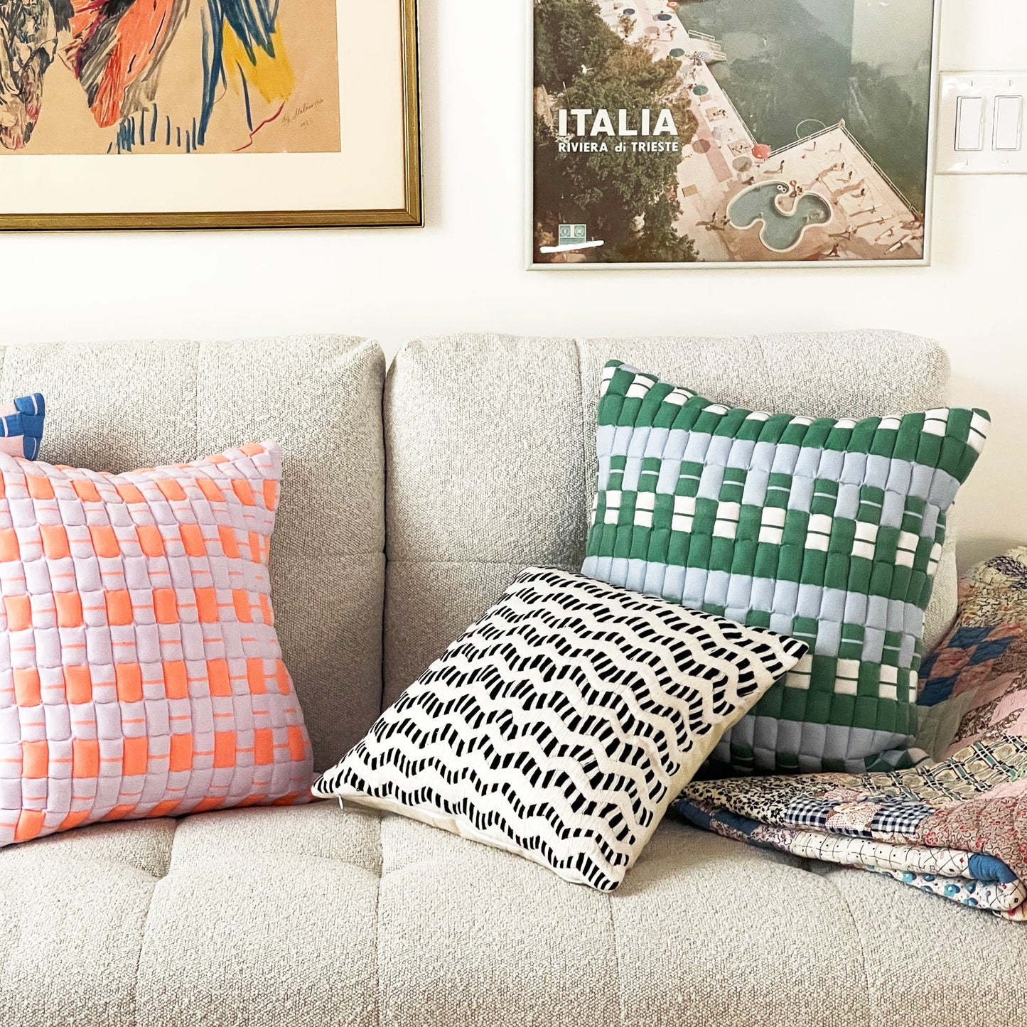 Sujani Quilted Pillow — Baby Blue, White and Green