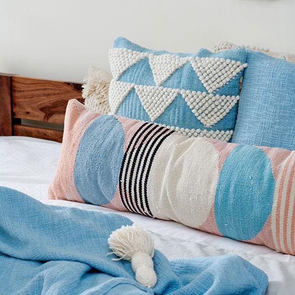 Handmade Circle Geo Lumbar Pillow, Multi Blue - 12x34 inch