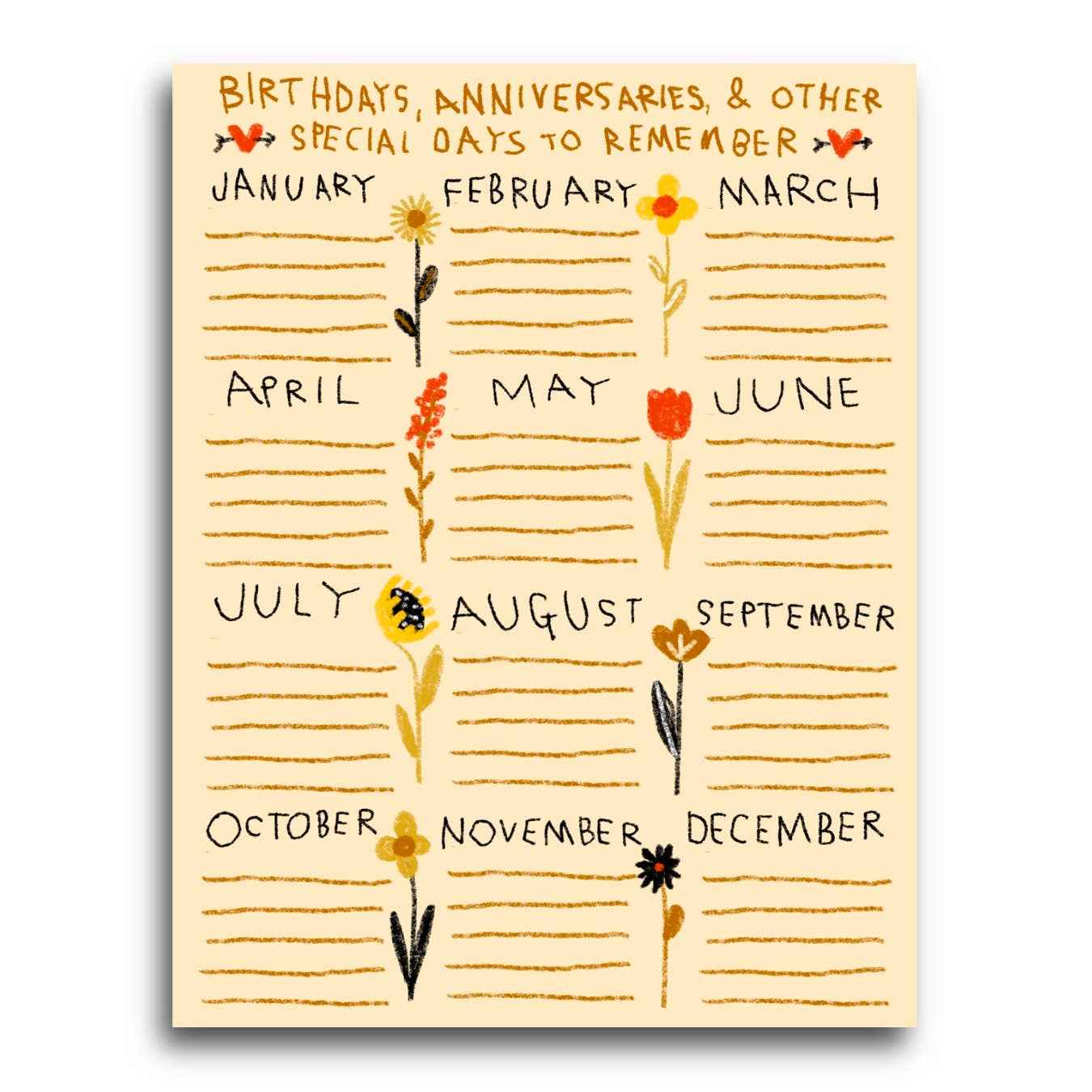 BIRTHDAYS, ANNIVERSARIES, & OTHER SPECIAL DAYS Calendar