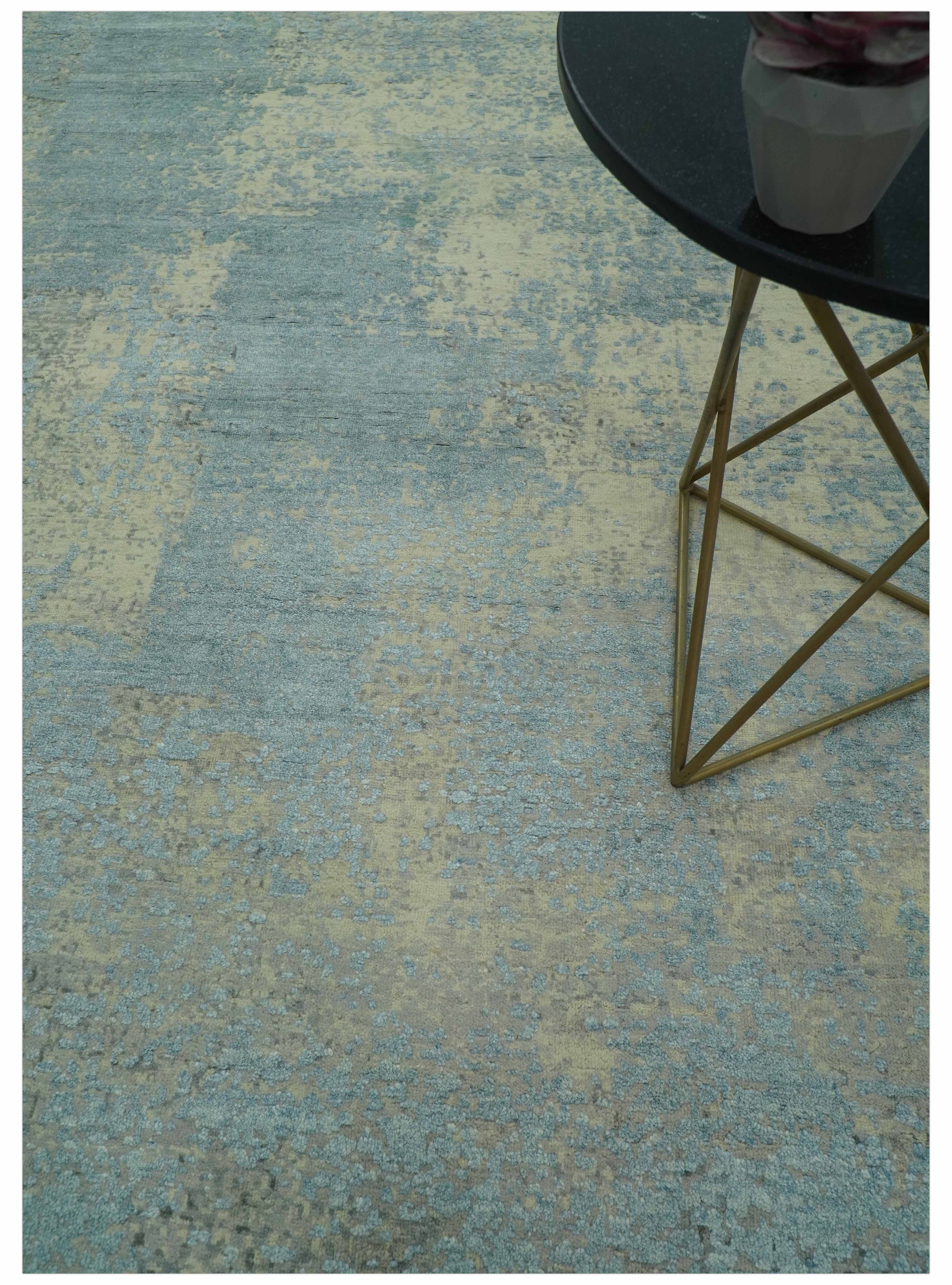 Abstract Design Blue, Beige And Gray 8x10 Hand Knotted Wool and Bamboo Silk Rug - Arte House