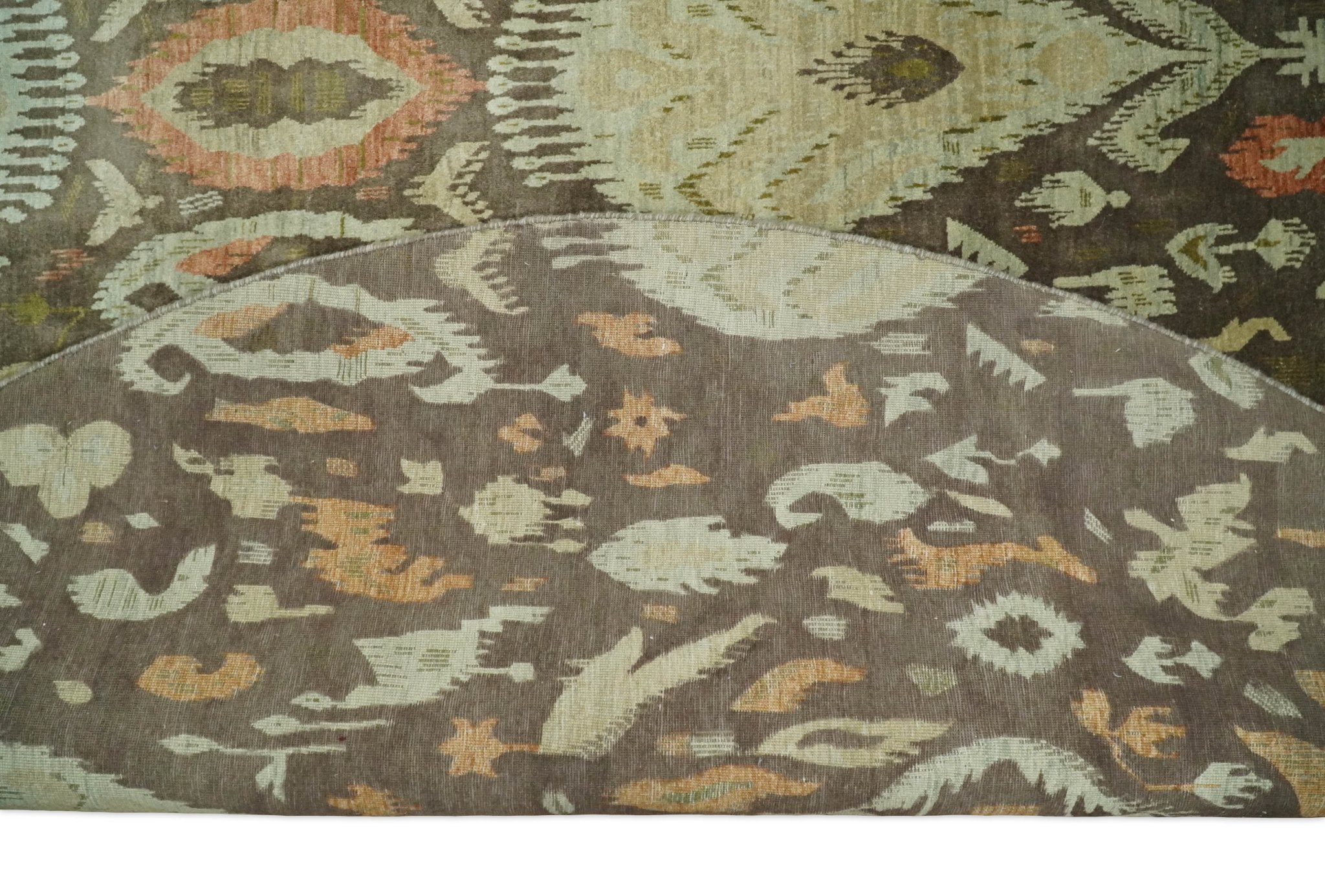 10x10 Round Fine Hand Knotted Green, Rust and Olive Traditional Vintage Persian Style Antique Wool Rug | AGR47 - Arte House