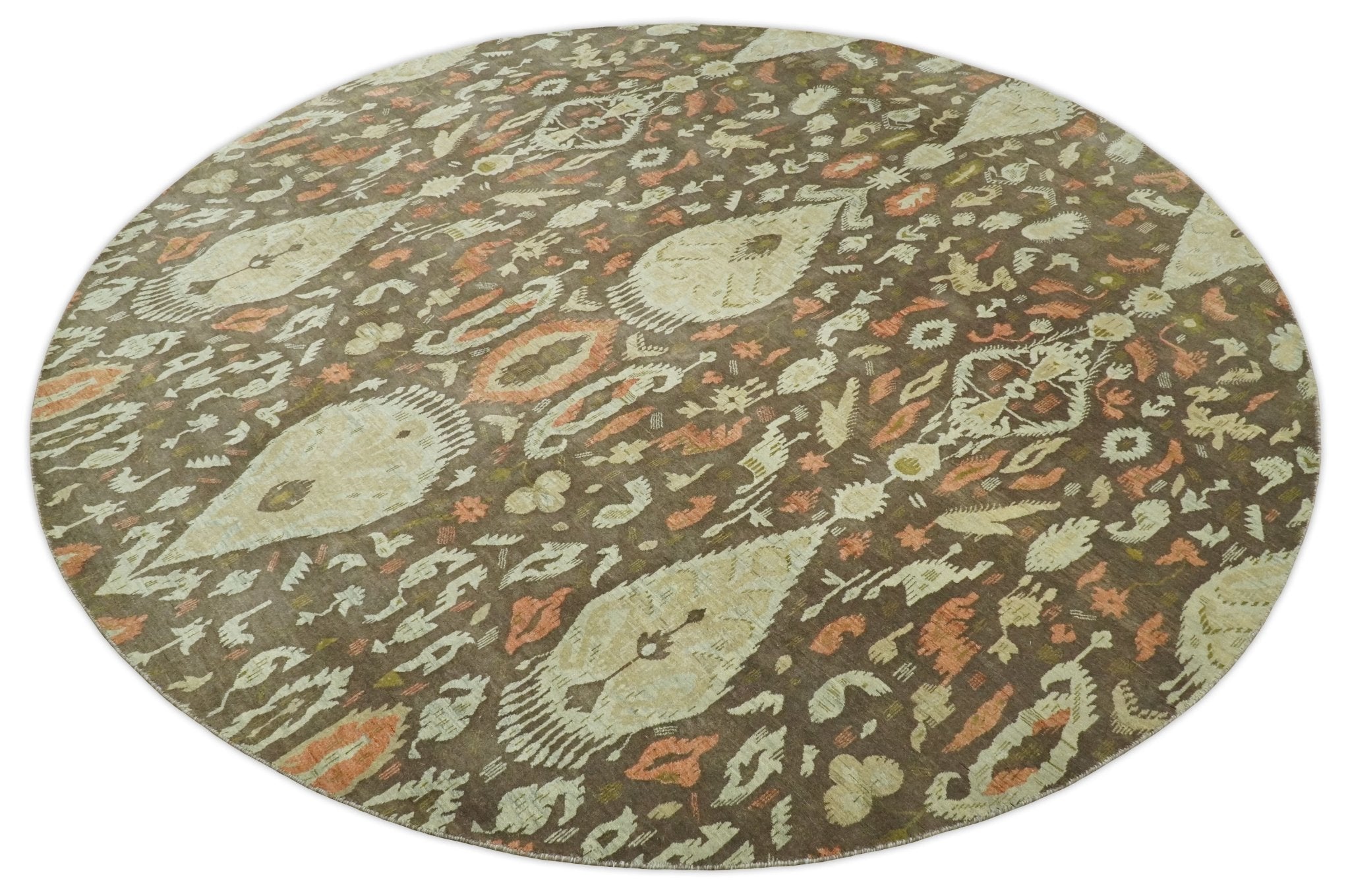 10x10 Round Fine Hand Knotted Green, Rust and Olive Traditional Vintage Persian Style Antique Wool Rug | AGR47 - Arte House
