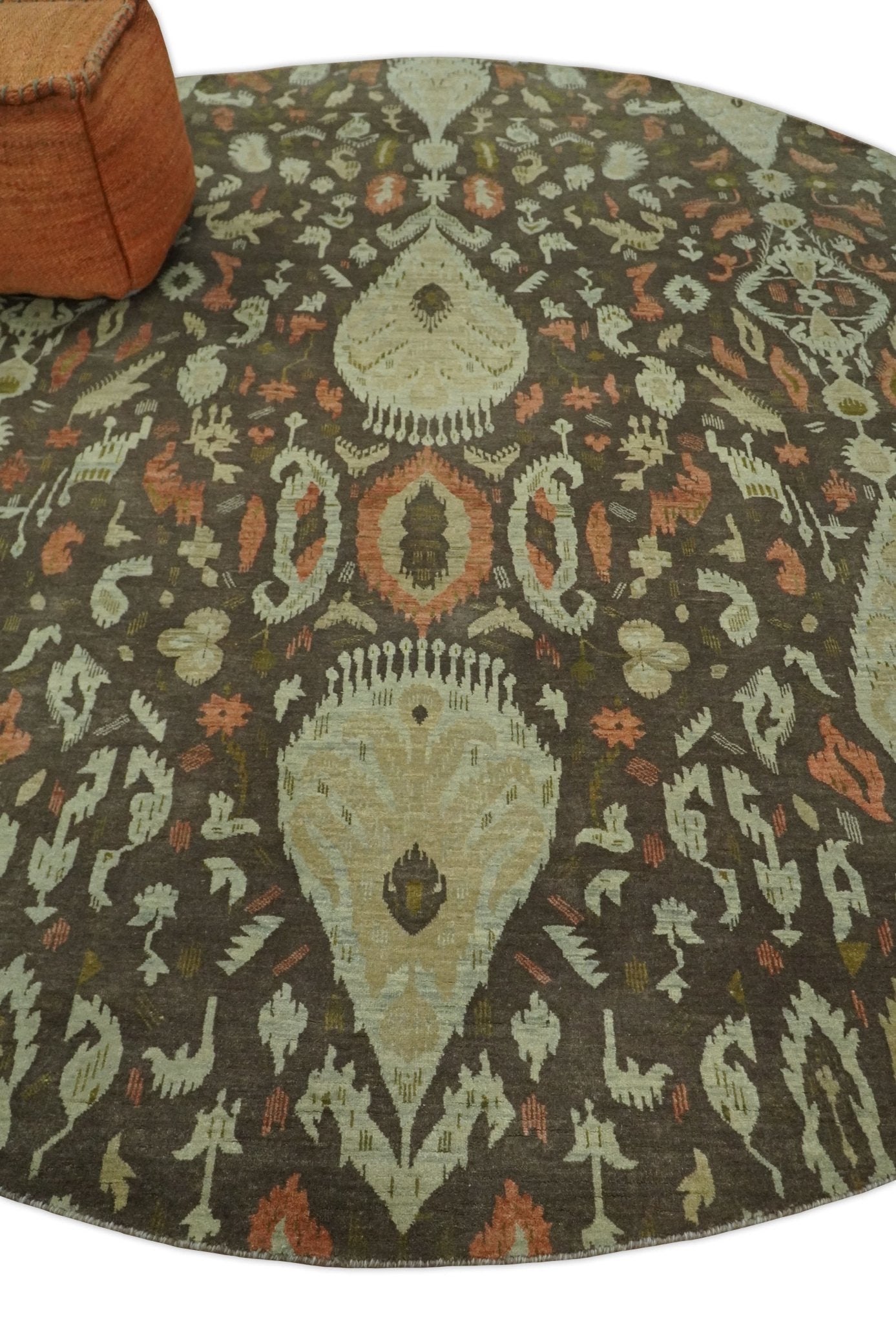 10x10 Round Fine Hand Knotted Green, Rust and Olive Traditional Vintage Persian Style Antique Wool Rug | AGR47 - Arte House