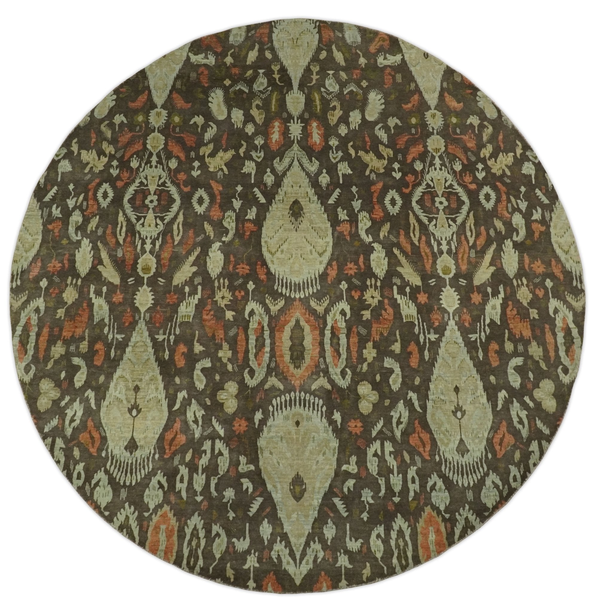 10x10 Round Fine Hand Knotted Green, Rust and Olive Traditional Vintage Persian Style Antique Wool Rug | AGR47 - Arte House