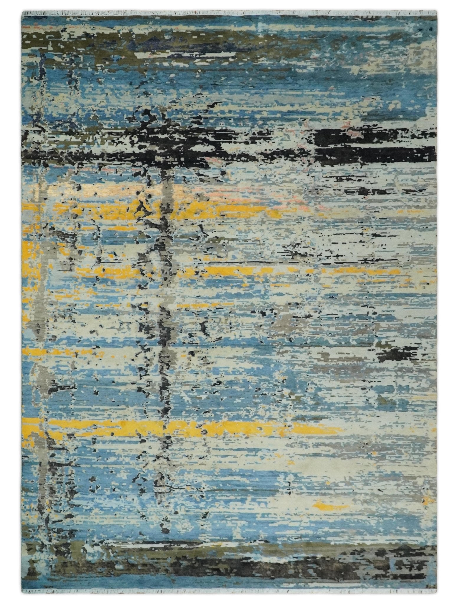 10x14 Fine Hand Knotted Blue and Black Modern Abstract Style Antique Wool and Silk Area Rug | AGR49 - Arte House