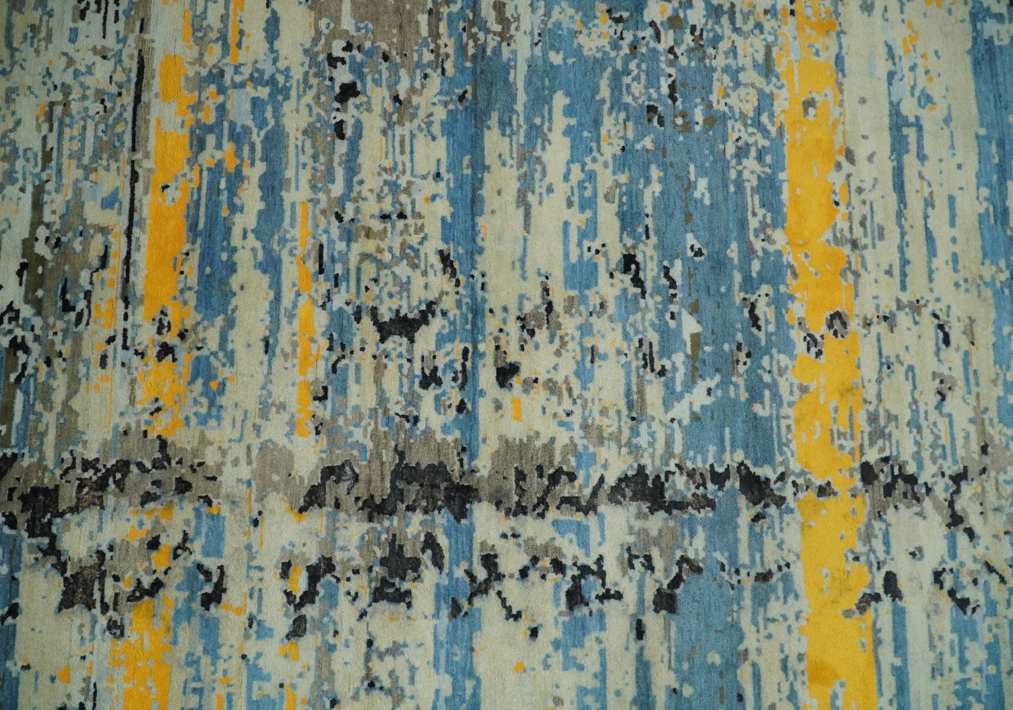 10x14 Fine Hand Knotted Blue and Black Modern Abstract Style Antique Wool and Silk Area Rug | AGR49 - Arte House
