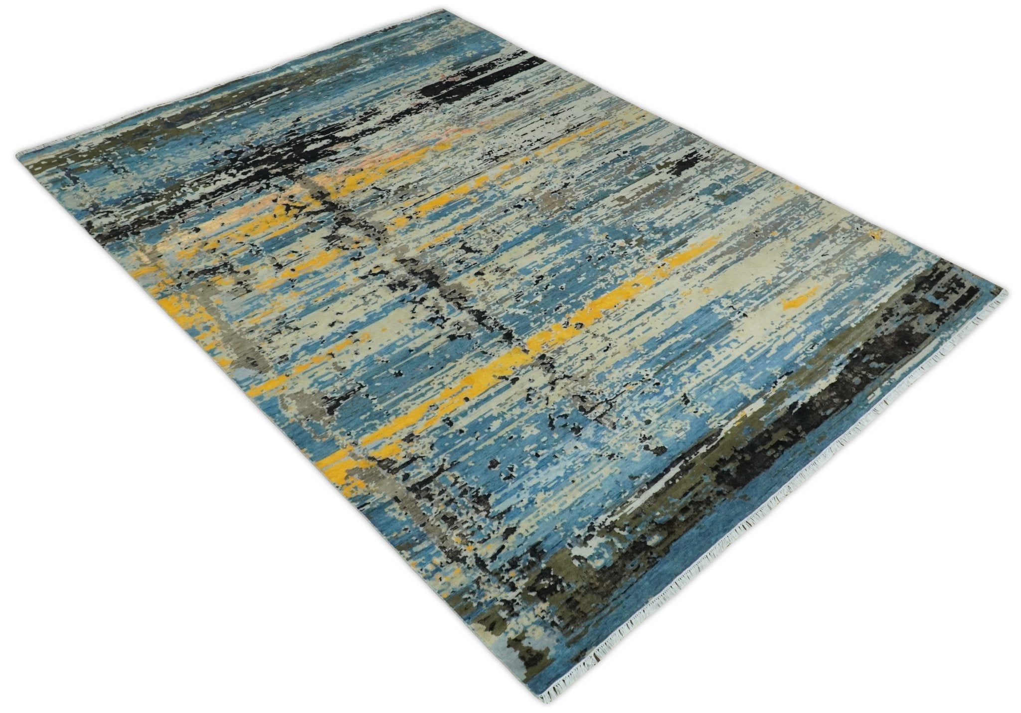 10x14 Fine Hand Knotted Blue and Black Modern Abstract Style Antique Wool and Silk Area Rug | AGR49 - Arte House