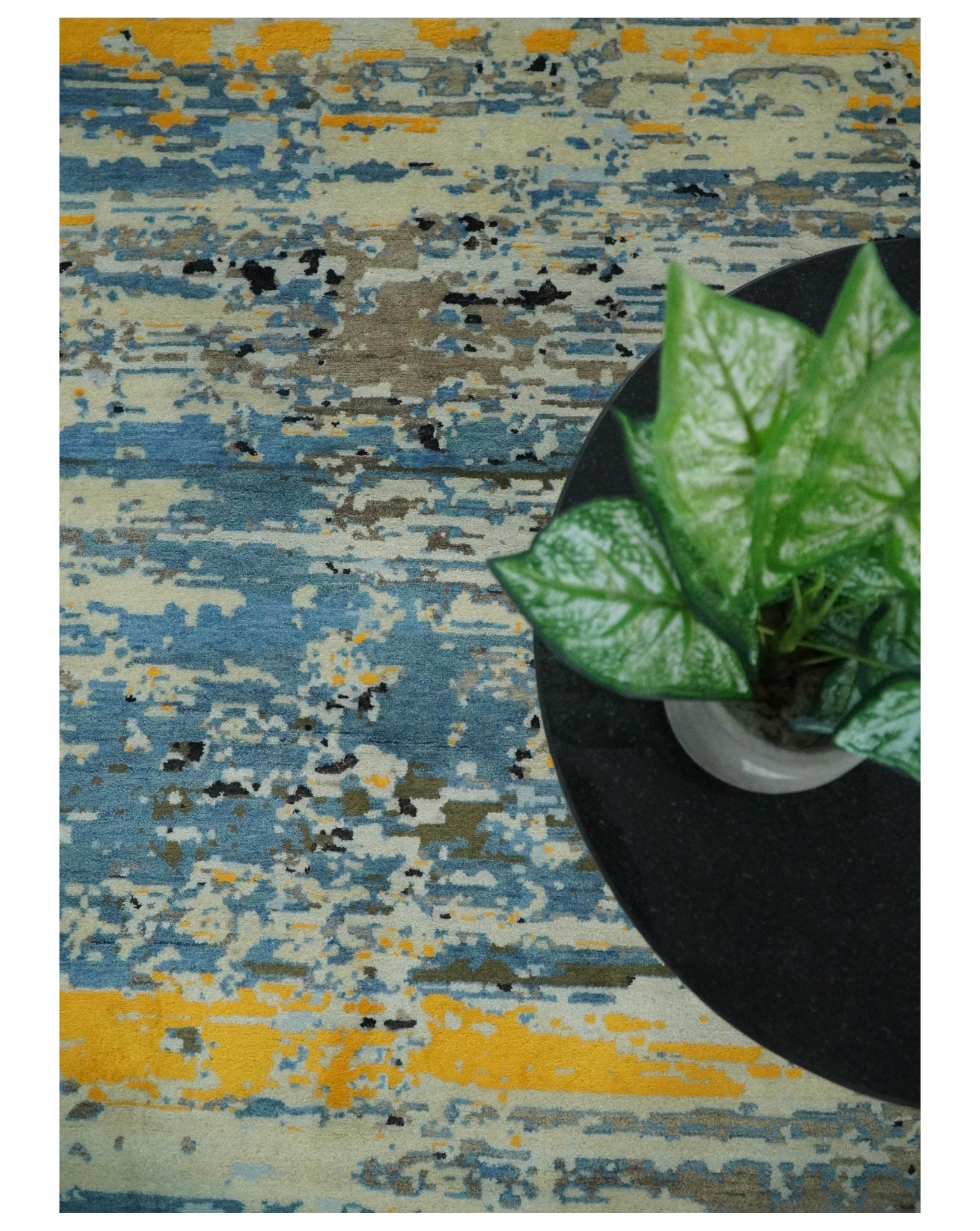 10x14 Fine Hand Knotted Blue and Black Modern Abstract Style Antique Wool and Silk Area Rug | AGR49 - Arte House