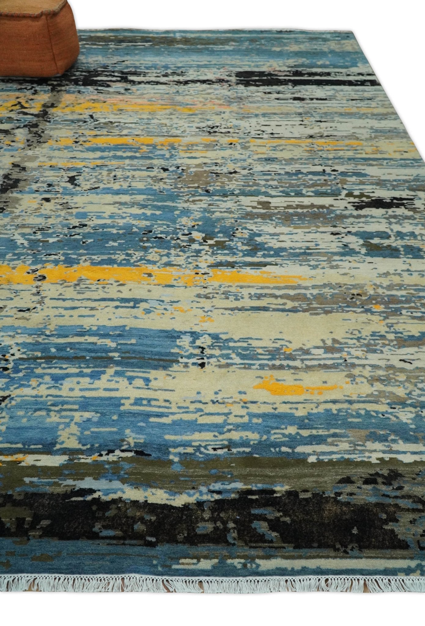 10x14 Fine Hand Knotted Blue and Black Modern Abstract Style Antique Wool and Silk Area Rug | AGR49 - Arte House
