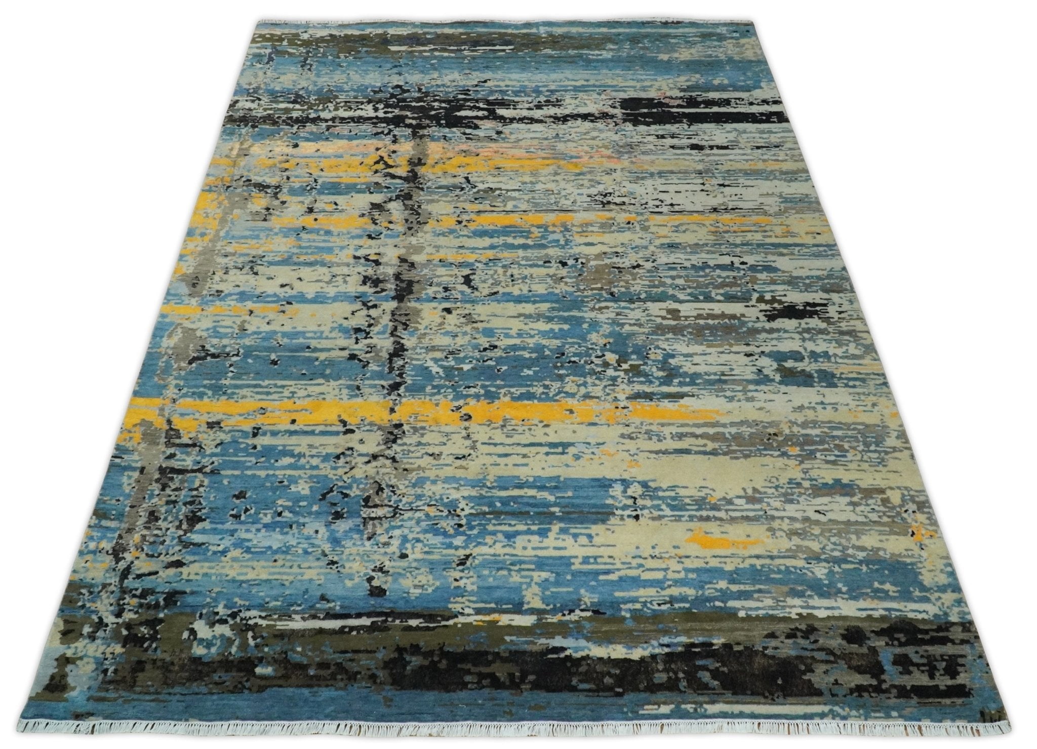 10x14 Fine Hand Knotted Blue and Black Modern Abstract Style Antique Wool and Silk Area Rug | AGR49 - Arte House