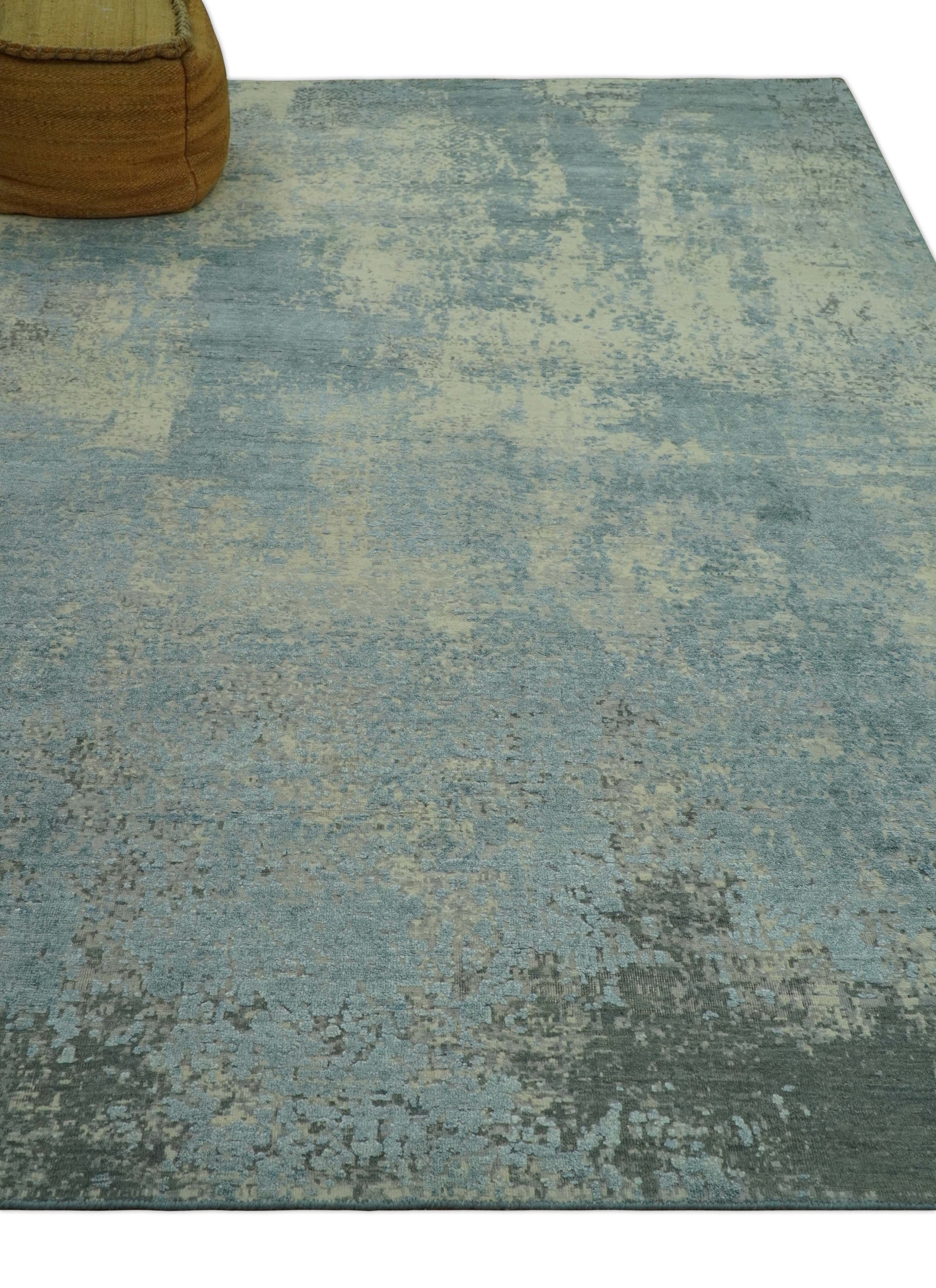 Abstract Design Blue, Beige And Gray 8x10 Hand Knotted Wool and Bamboo Silk Rug - Arte House