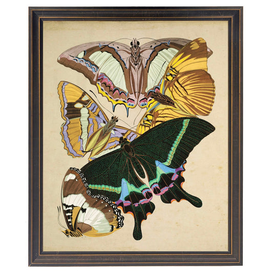 Framed artwork of colorful butterflies on a beige background