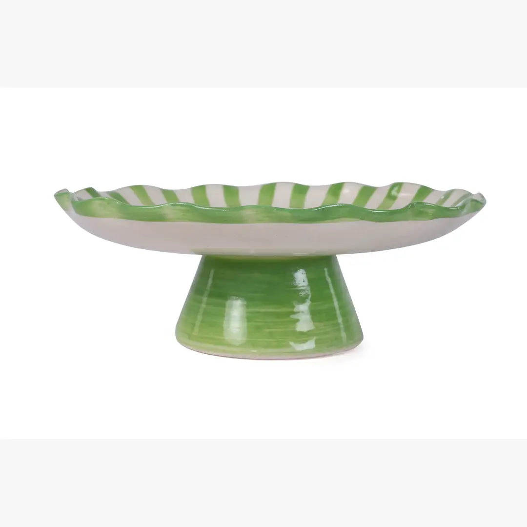 Ceramic Stripe Cake Stand,  Green - 10 x 10 x 3.75 Inches