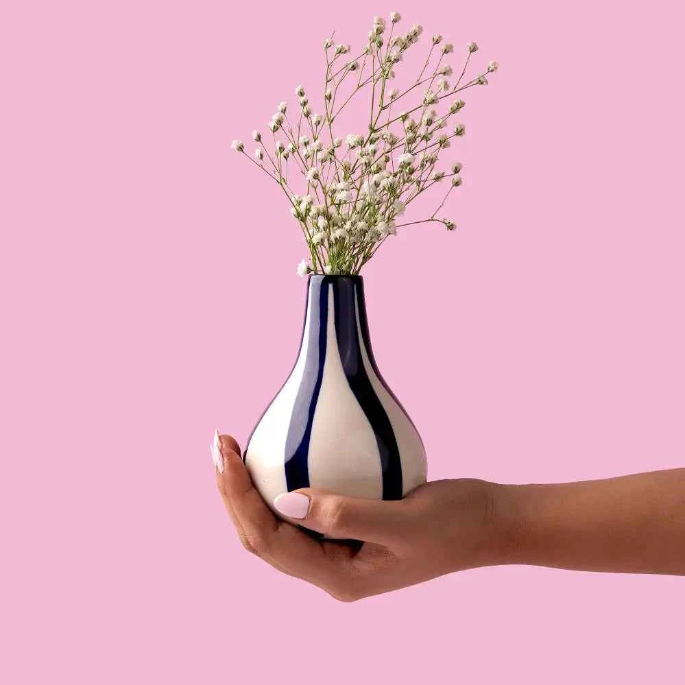 Ceramic Stripe  bud vase, 3.5 x 3.5 x 4.75 Inches-  Blue