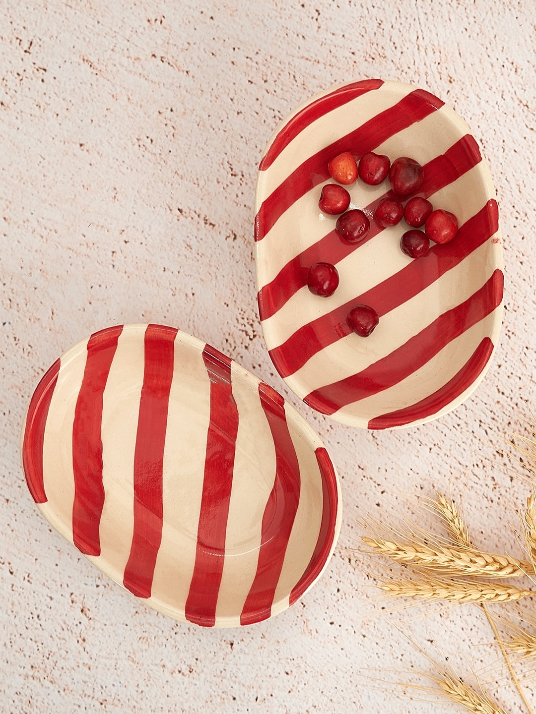 Ceramic stripe Bowl, Red 7x5x2 Inches (Set of 4) - Arte House