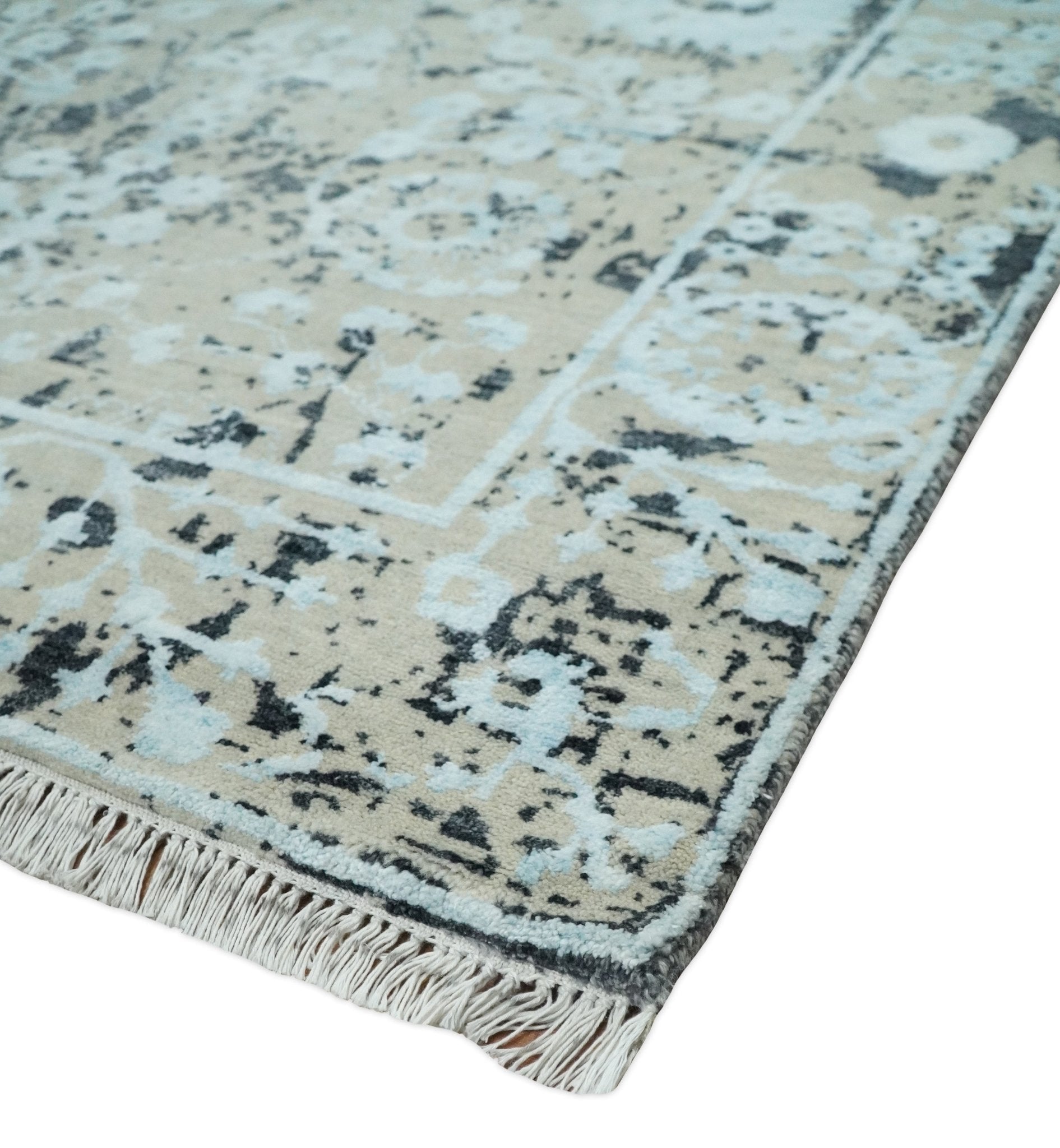 4x6 Fine Hand Knotted Aqua, Beige and Black Traditional Vintage Persian Style Antique Wool and Bamboo Silk Rug | AGR10 - Arte House
