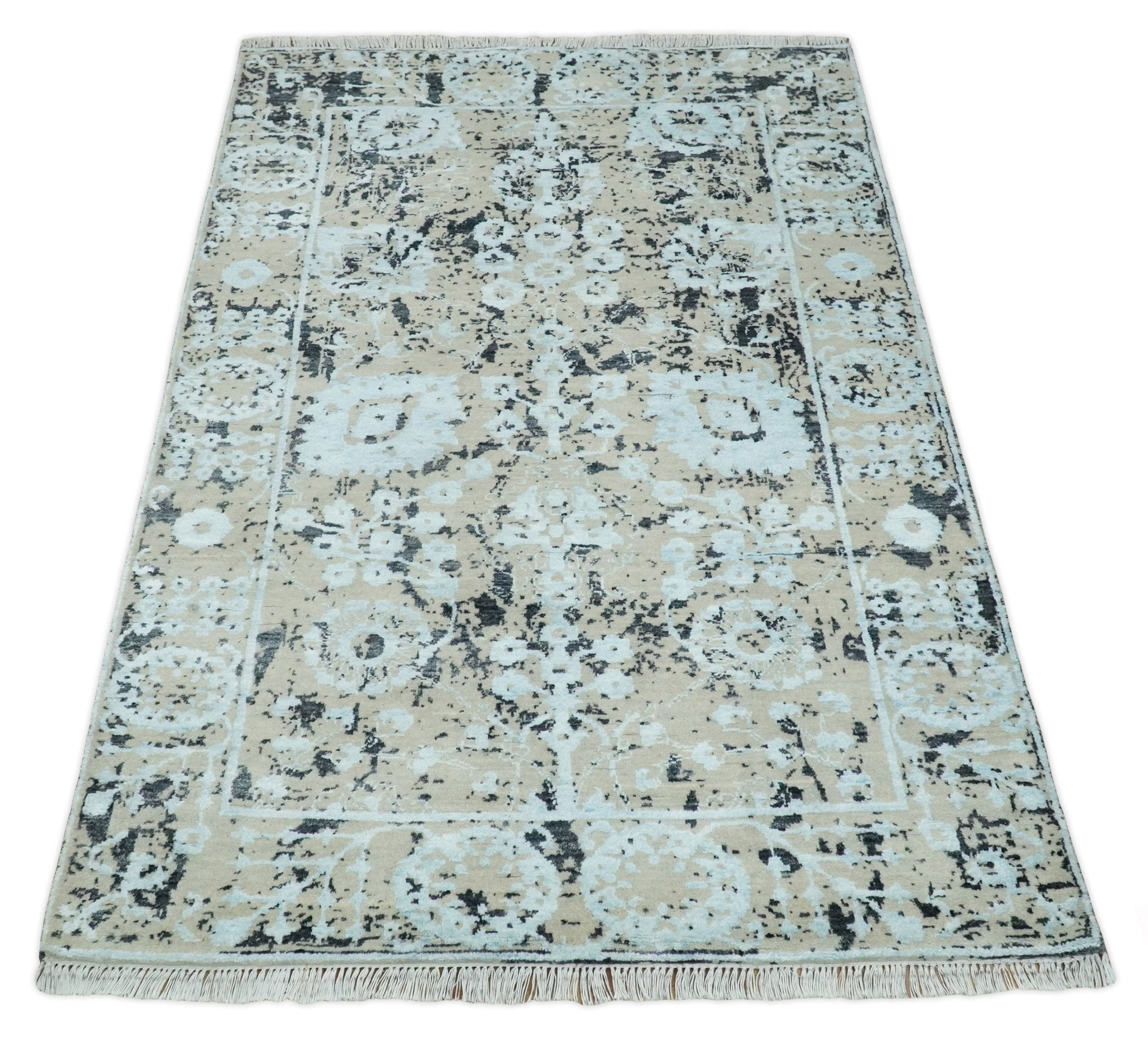 4x6 Fine Hand Knotted Aqua, Beige and Black Traditional Vintage Persian Style Antique Wool and Bamboo Silk Rug | AGR10 - Arte House