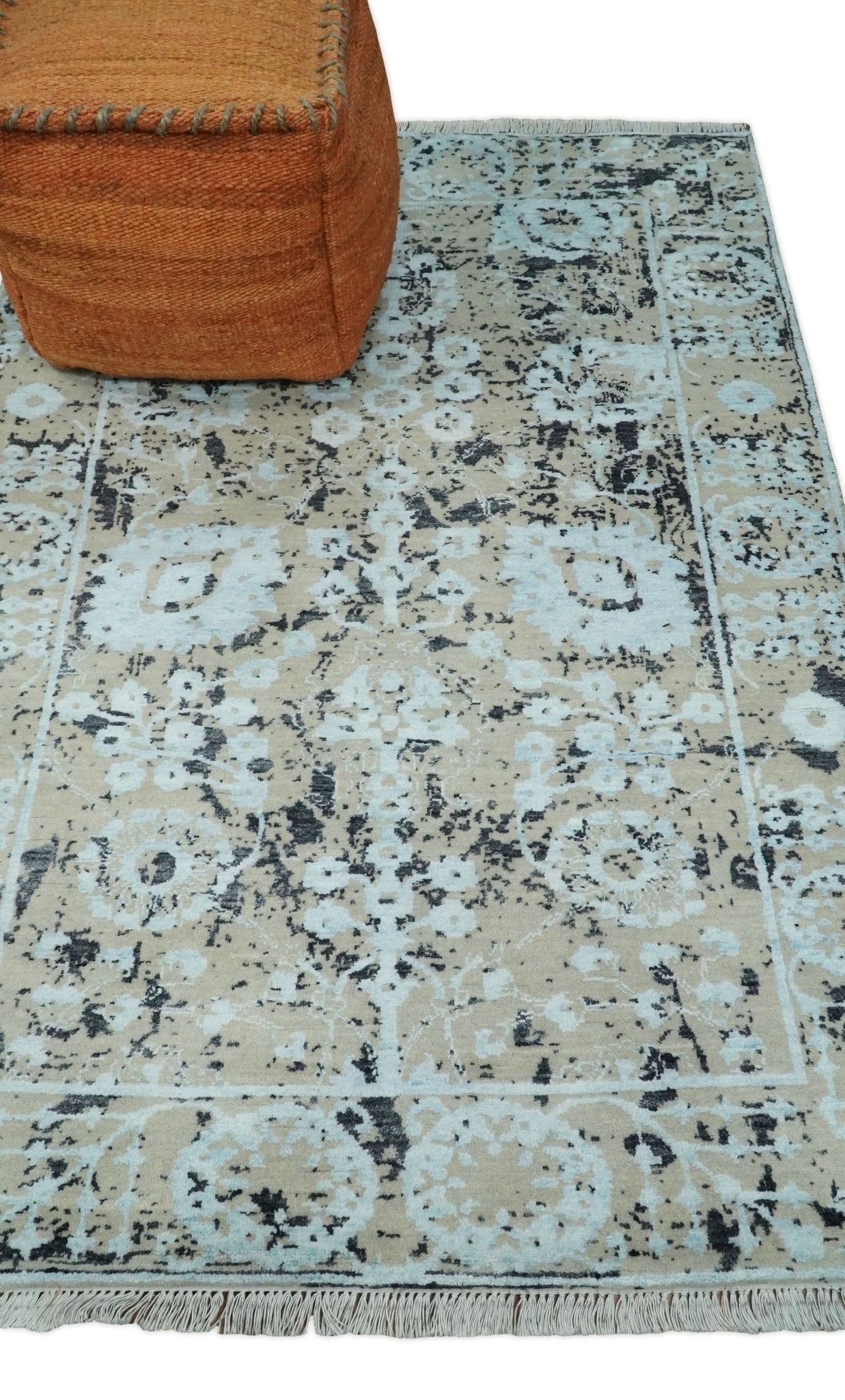 4x6 Fine Hand Knotted Aqua, Beige and Black Traditional Vintage Persian Style Antique Wool and Bamboo Silk Rug | AGR10 - Arte House