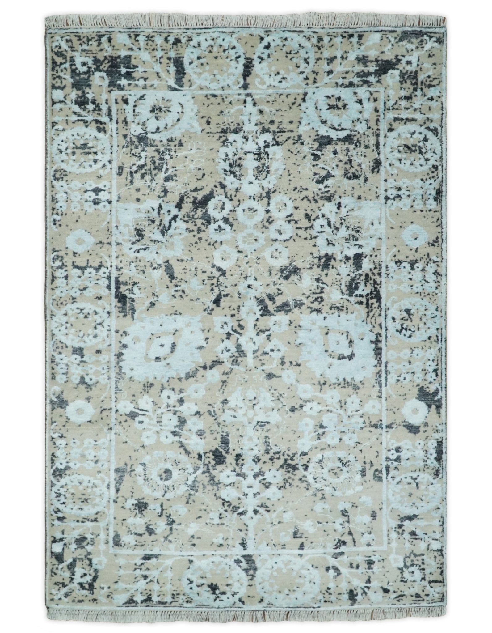 4x6 Fine Hand Knotted Aqua, Beige and Black Traditional Vintage Persian Style Antique Wool and Bamboo Silk Rug | AGR10 - Arte House
