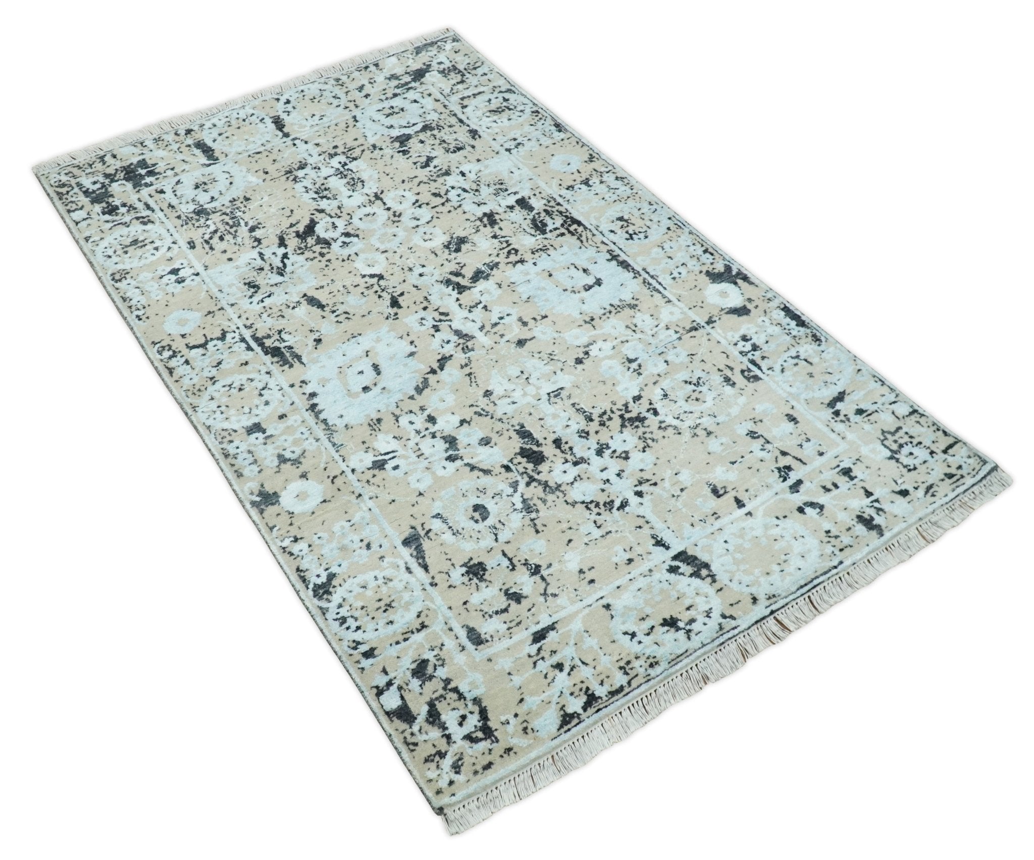 4x6 Fine Hand Knotted Aqua, Beige and Black Traditional Vintage Persian Style Antique Wool and Bamboo Silk Rug | AGR10 - Arte House