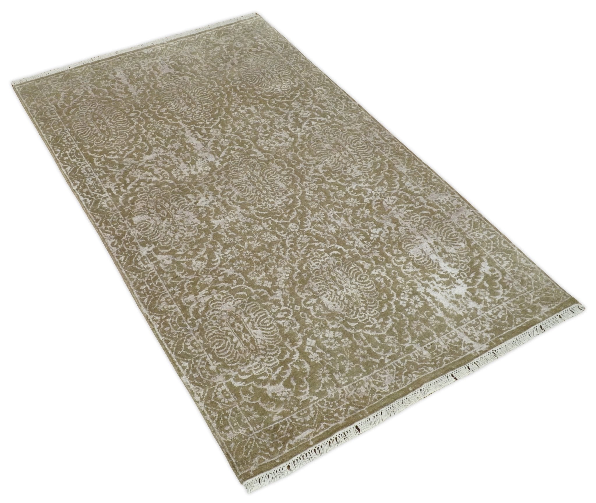 4x6 Fine Hand Knotted Olive and Silver Traditional Vintage Persian Style Antique Wool and SIlk Rug | AGR16 - Arte House