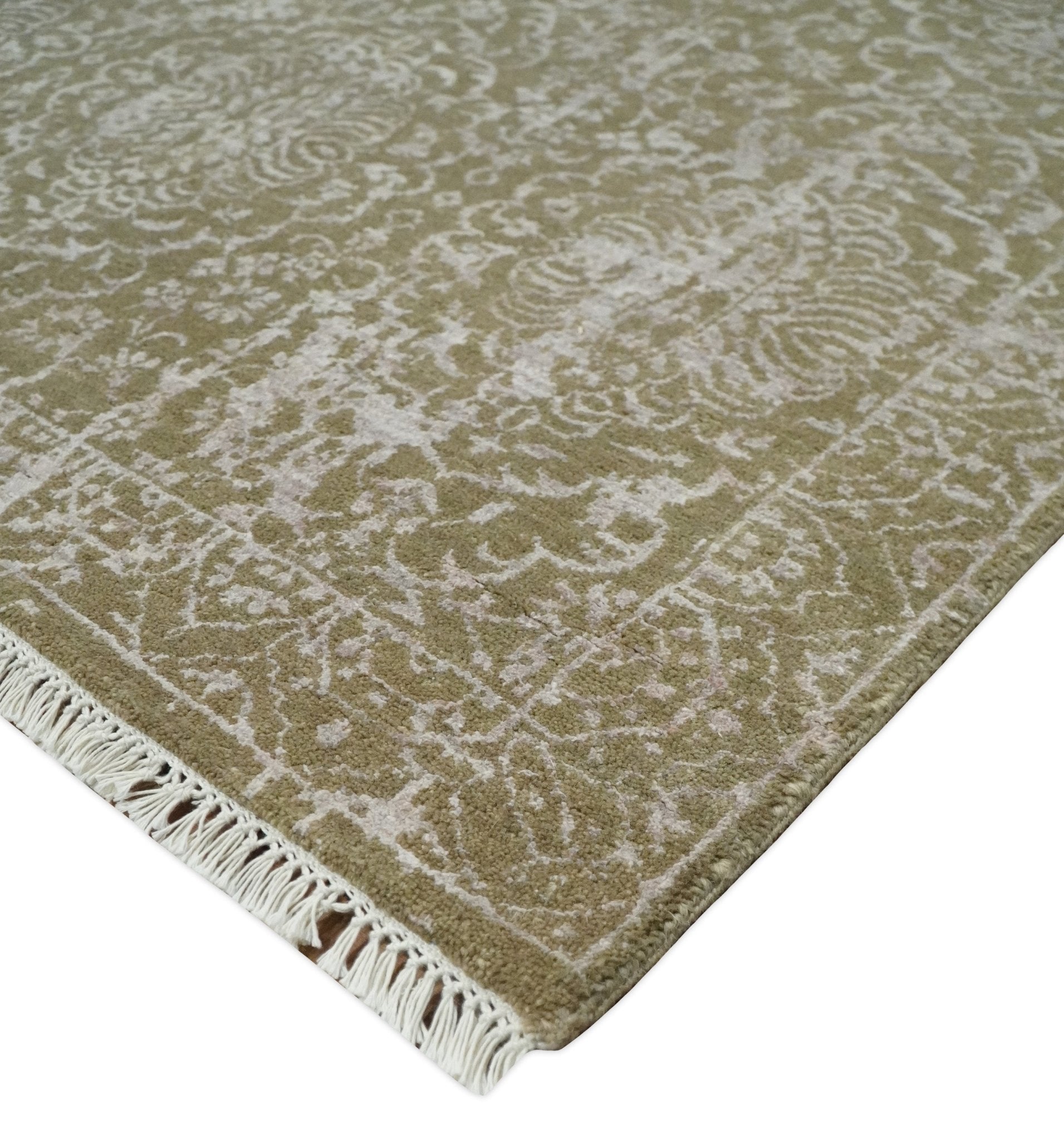 4x6 Fine Hand Knotted Olive and Silver Traditional Vintage Persian Style Antique Wool and SIlk Rug | AGR16 - Arte House